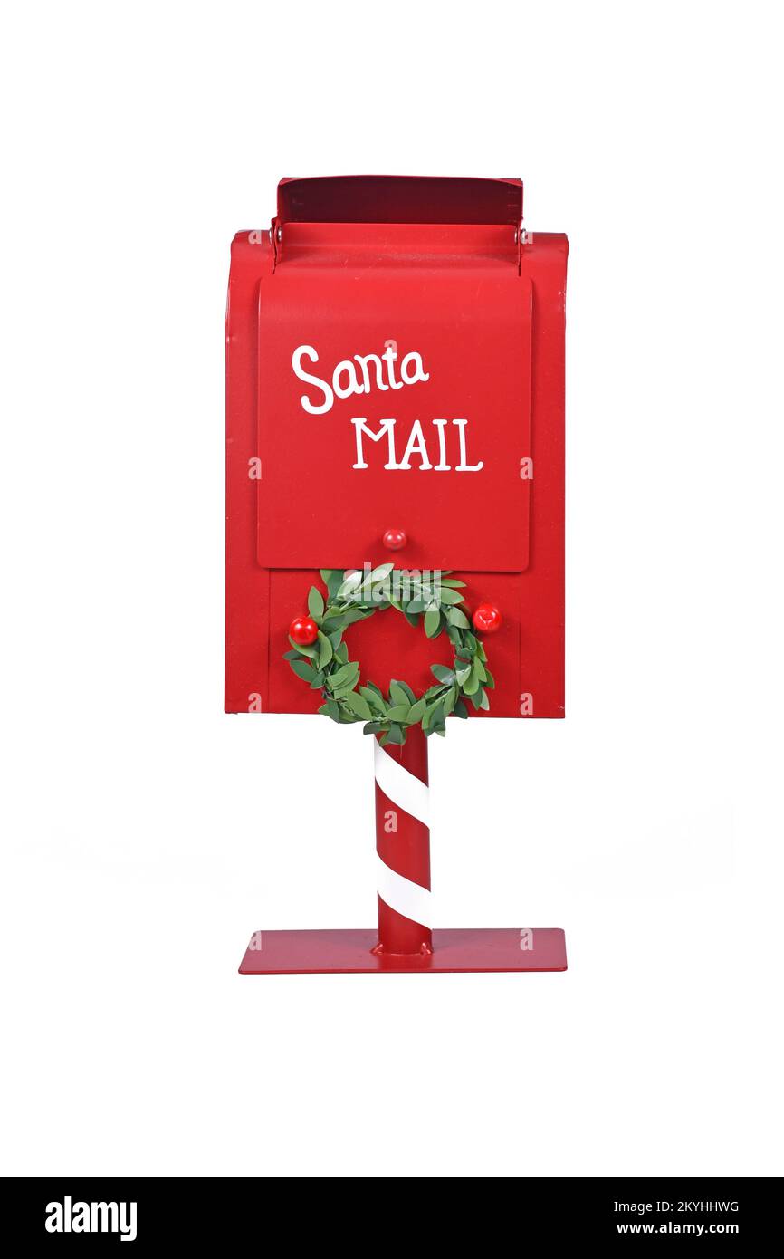 Boîte postale Santa rouge pour Noël présente listes de souhaits sur fond blanc Banque D'Images