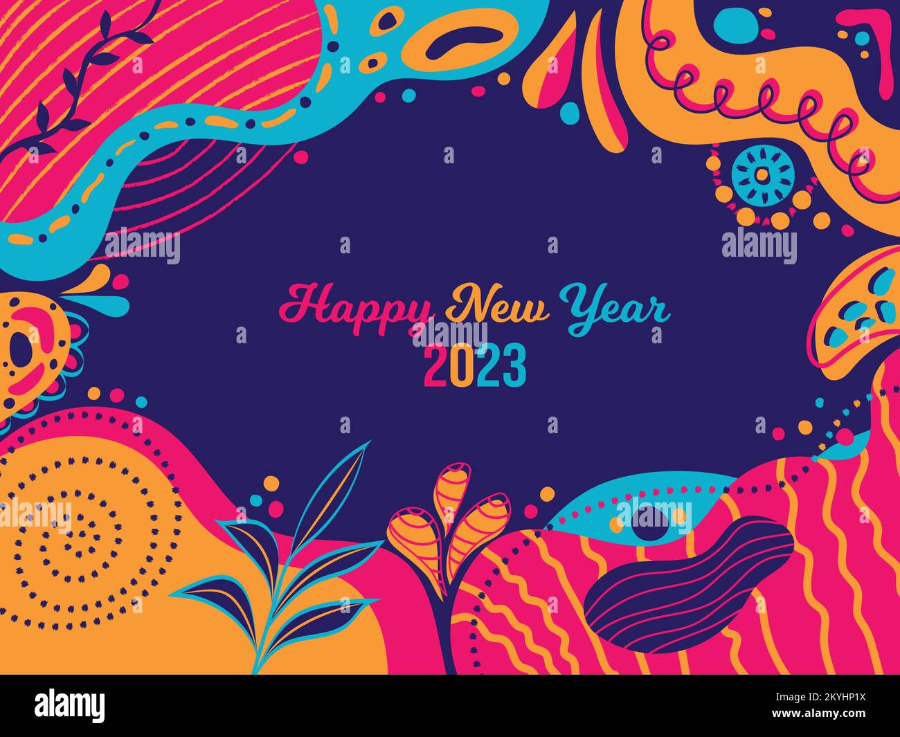 Bonne année 2023 contexte. Affiche de célébration 1 janvier. Motif abstrait rose, orange et bleu marine de style Memphis. Vecteur de bannière horizontal Illustration de Vecteur