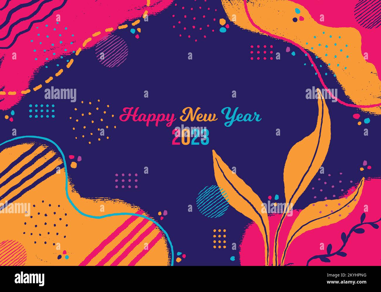 Bonne année 2023 contexte. Affiche de célébration 1 janvier. Motif abstrait rose, orange et bleu marine de style Memphis. Vecteur de bannière horizontal Illustration de Vecteur