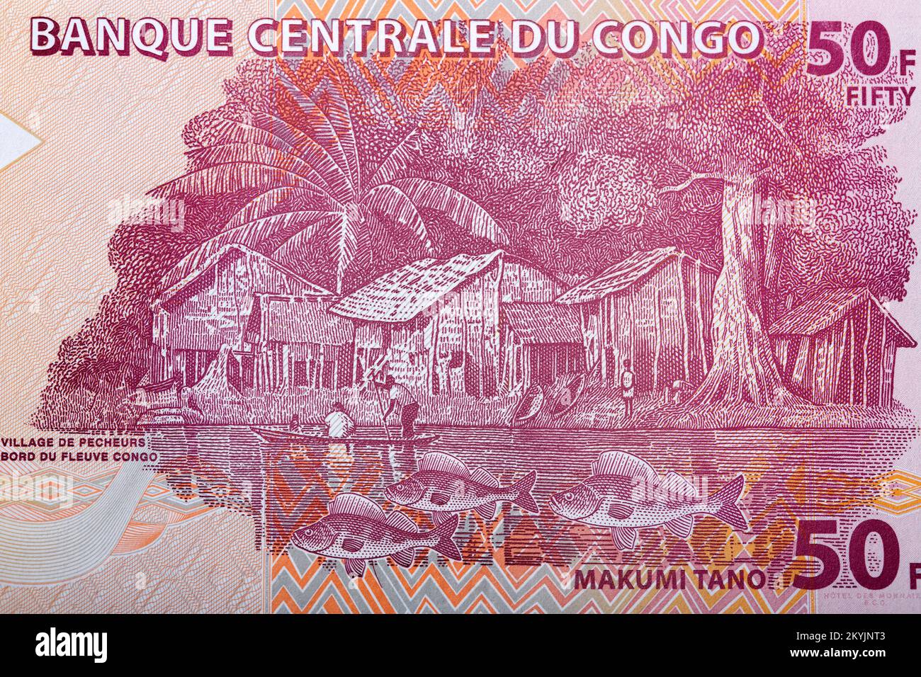 Village de pêcheurs le long du fleuve Congo de l'argent congolais - franc Banque D'Images