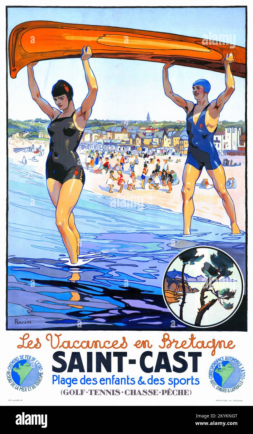 Les vacances en Bretagne. Saint-Cast par Peryber (dates inconnues). Affiche publiée en 1933 en France. Banque D'Images