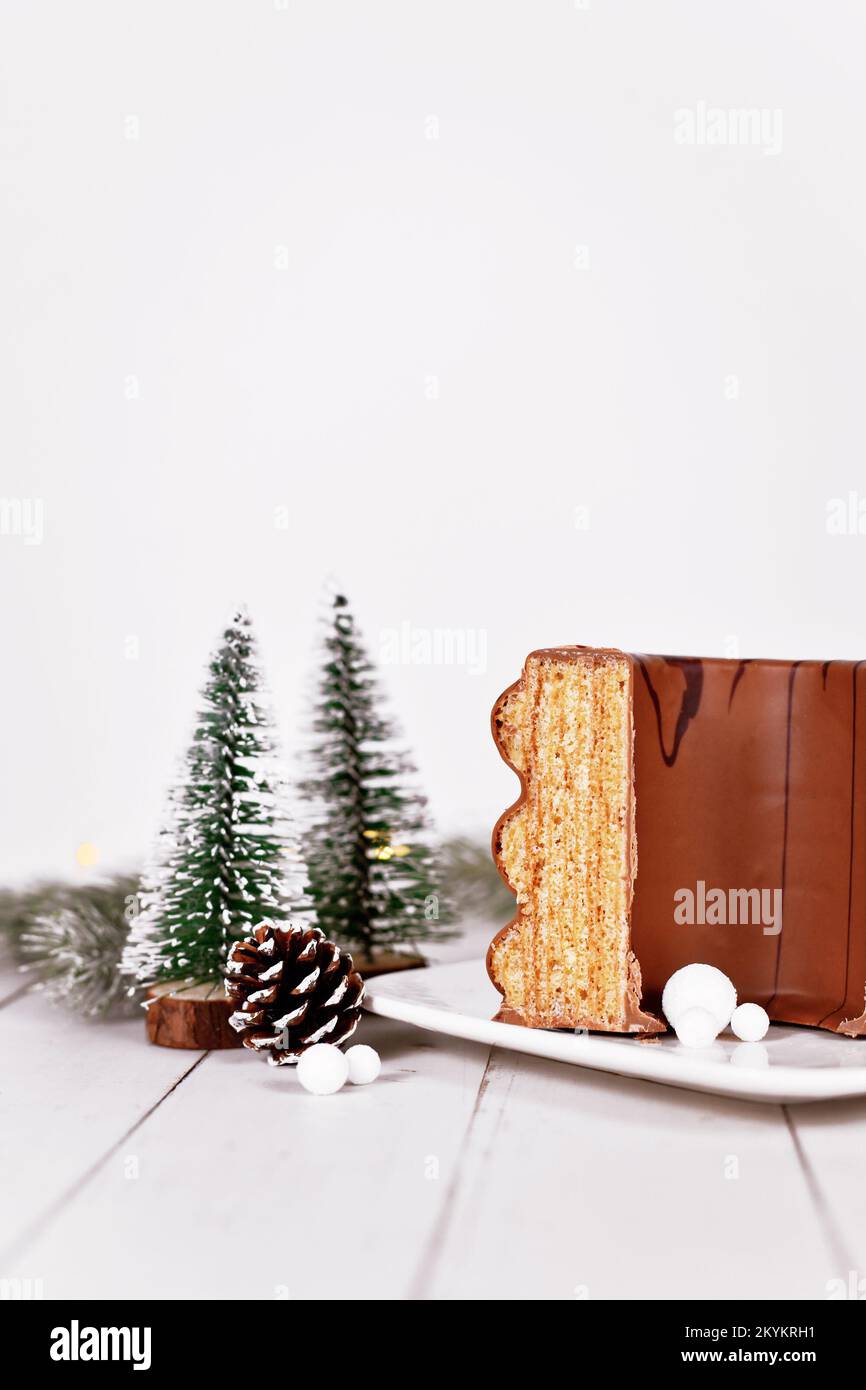 Gâteau d'hiver traditionnel allemand superposé appelé 'Baumkuchen' émaillé de chocolat, entouré d'une décoration de saison Banque D'Images