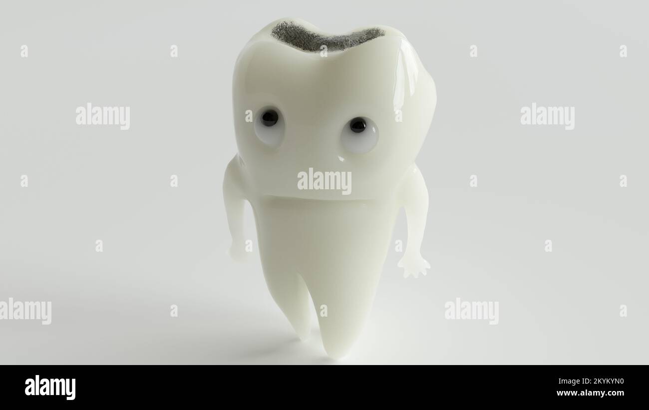 Une dent de bande dessinée malheureuse regarde sa maladie de caries - 3D rendu Banque D'Images