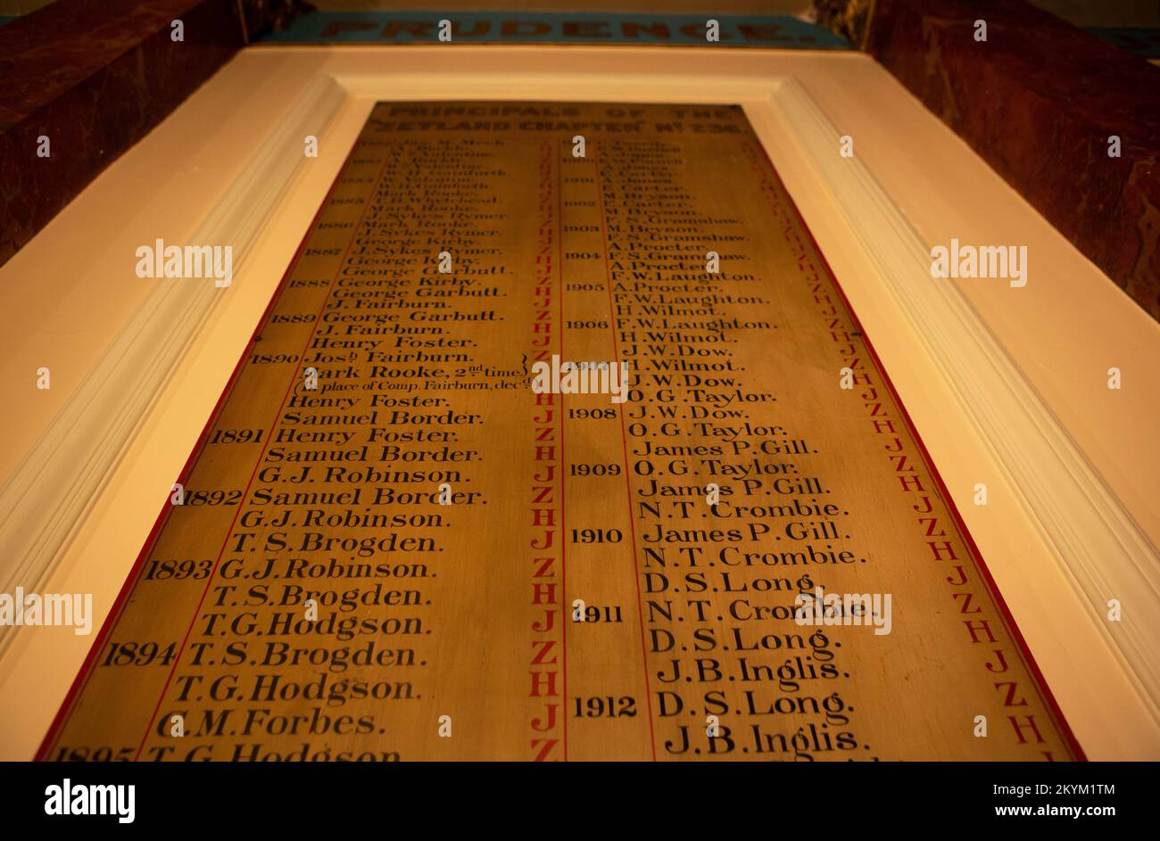 Une liste de noms sur le mur à Duncombe place Lodge 236, Duncombe place, est le plus ancien Freemasons Lodge survivant à York, North Yorkshire. L'un des Banque D'Images