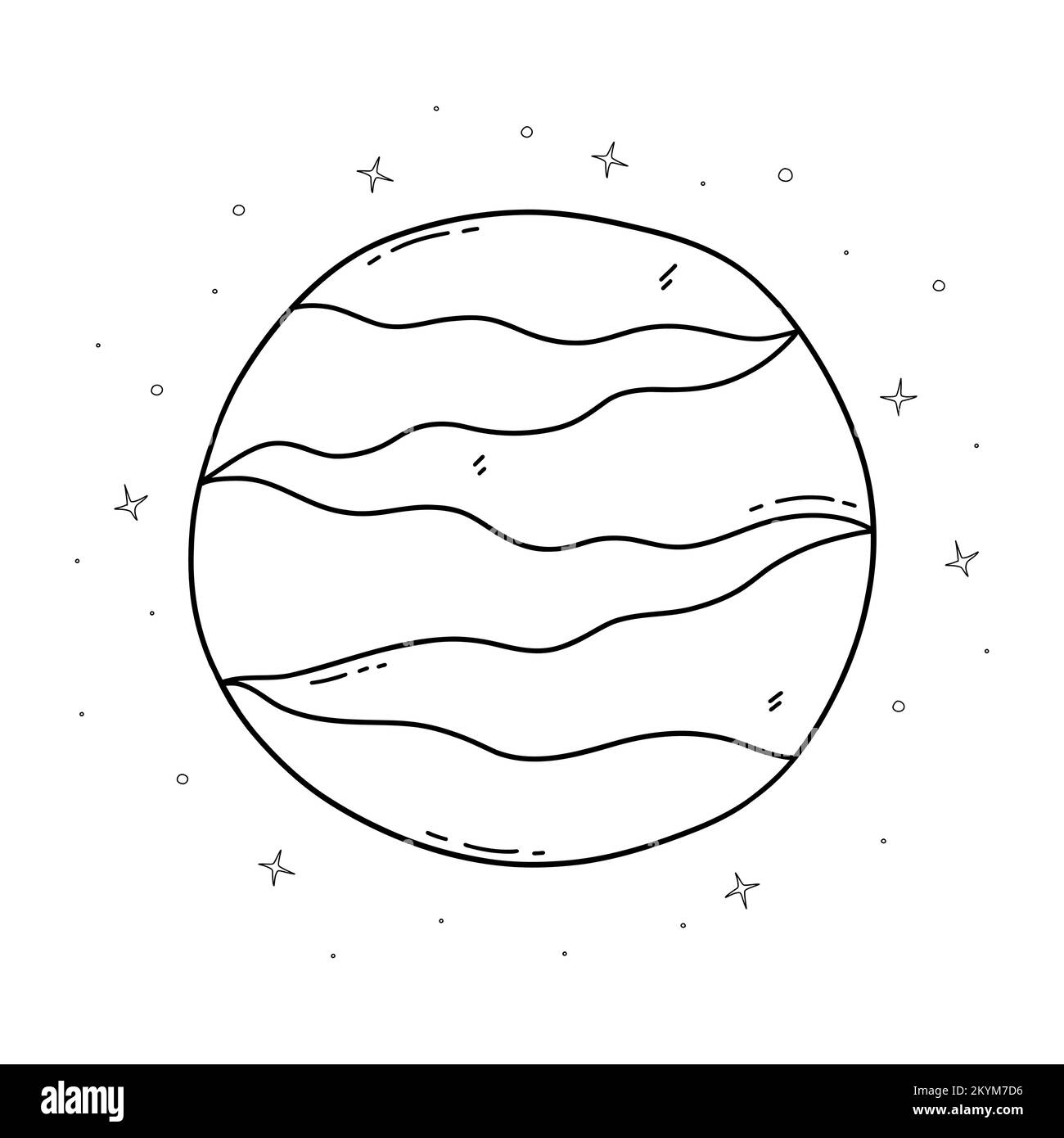 Belle planète dans l'espace et étoiles autour dans l'univers. Illustration noire et blanche vectorielle isolée Doodle dessiné à la main. Espace. Imprimer ou carte Illustration de Vecteur