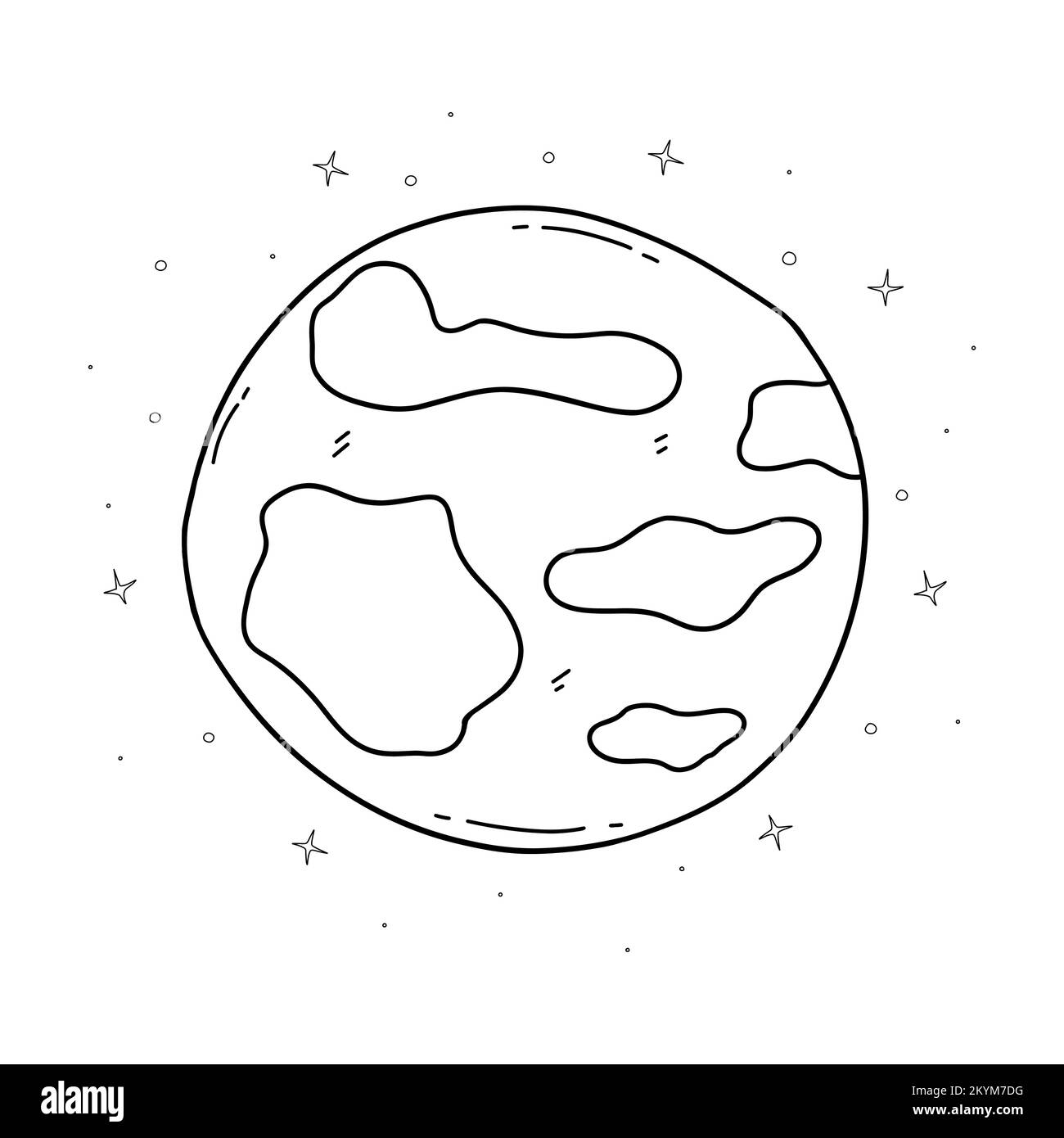 Planète dans l'espace et étoiles autour dans l'univers. Planète Terre. Illustration noire et blanche vectorielle isolée Doodle dessiné à la main. Espace. Imprimer ou Illustration de Vecteur