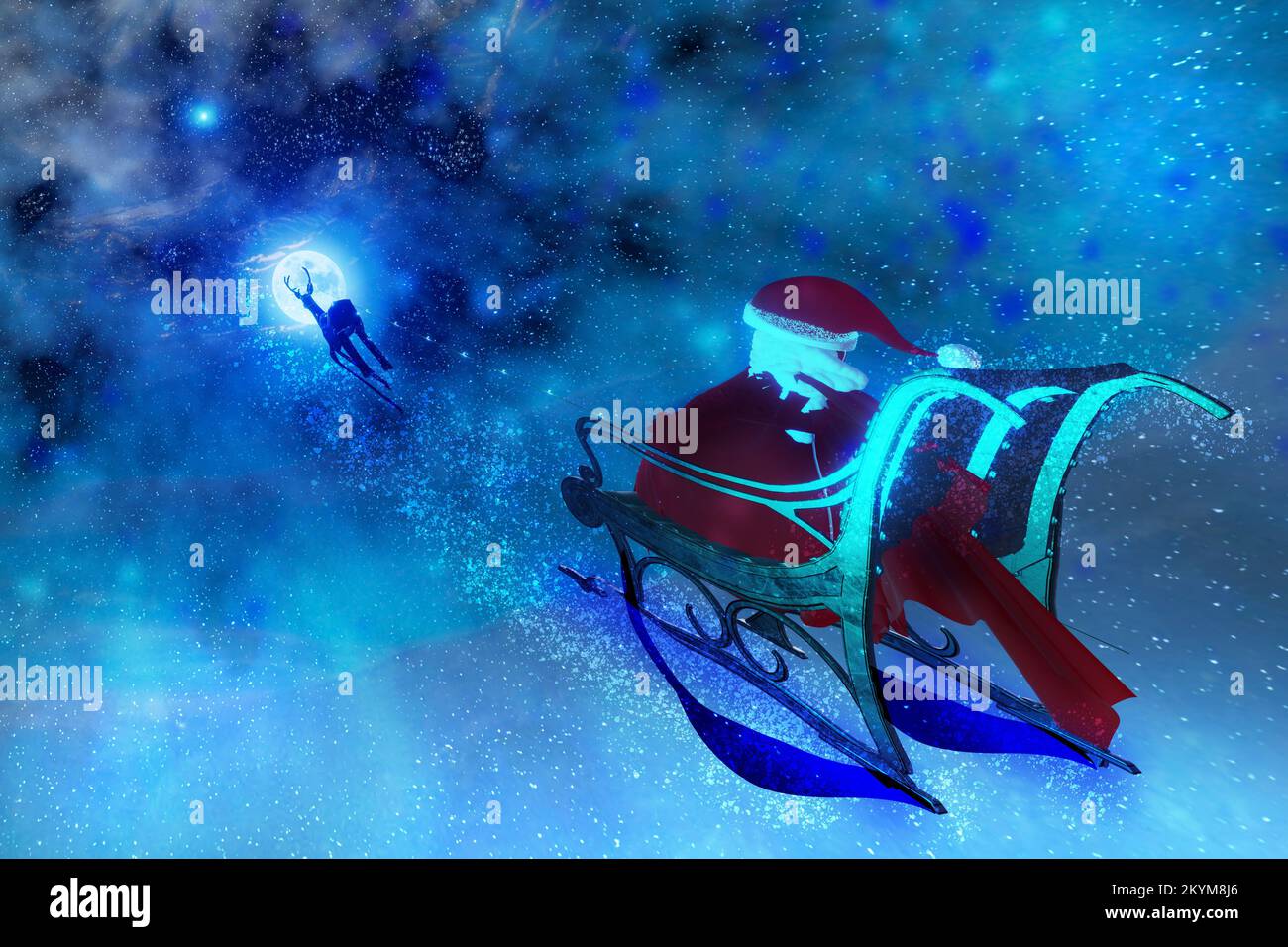 Le Père Noël sur un traîneau avec renne volant sur la lune Banque D'Images