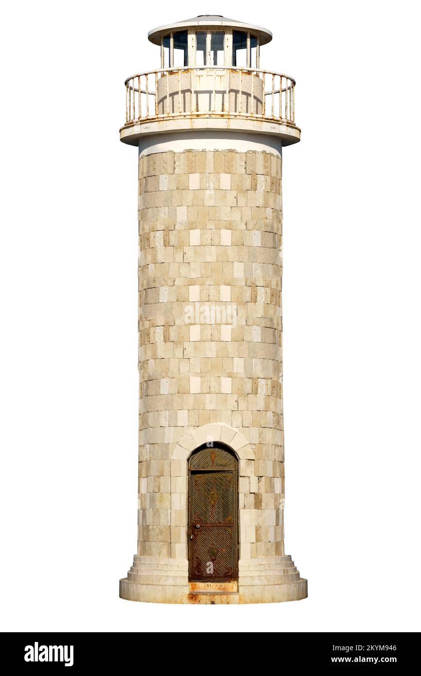 Isoler la tour du phare. Un ancien phare en pierre pour un port maritime ou une rive sur un fond blanc vide. Concept de bâtiments marins. Photo de haute qualité Banque D'Images