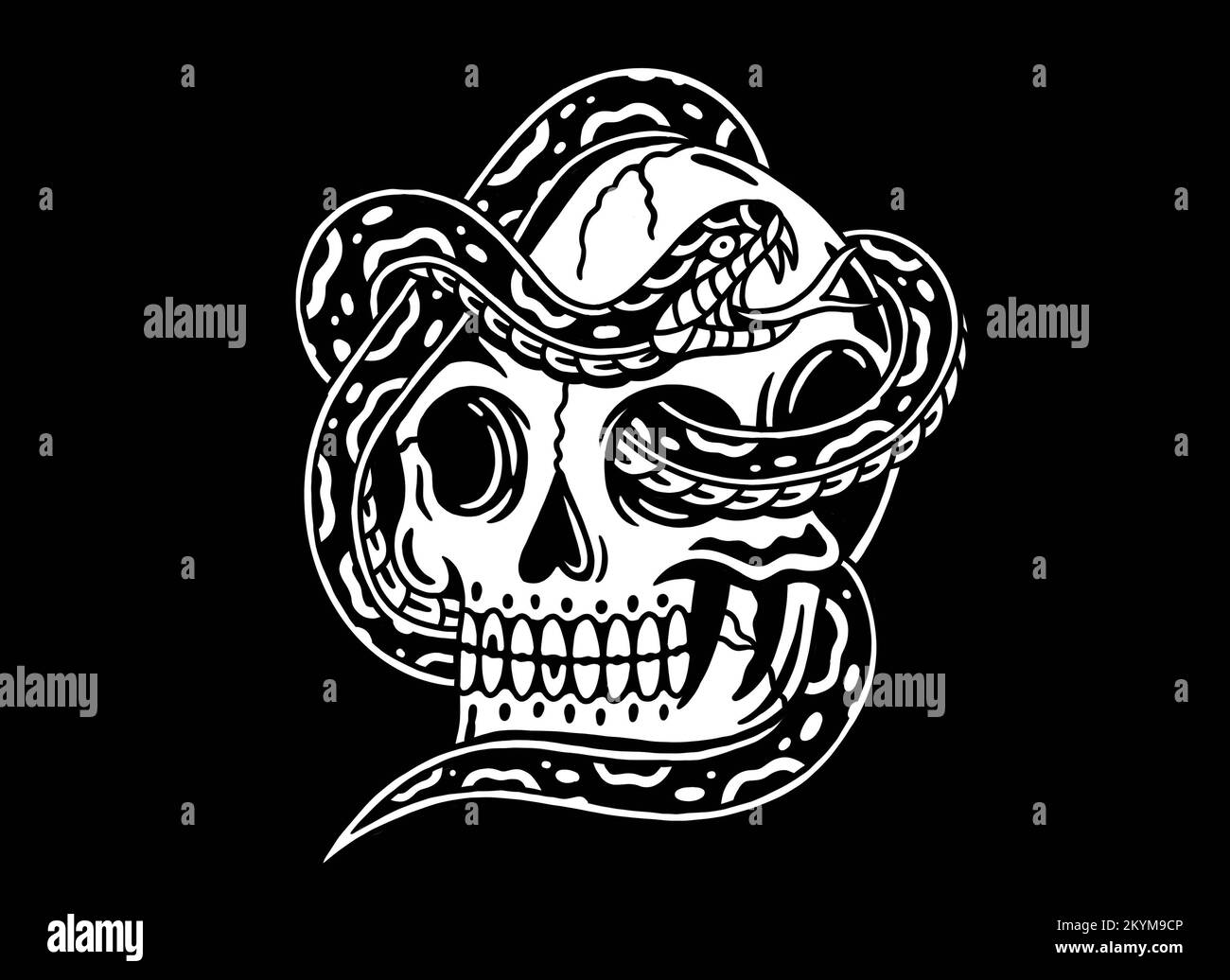 Vieux fonds d'écran traditionnel tattoo inspiré cool design graphique illustration crâne humain avec serpent en noir et blanc sur fond noir Banque D'Images