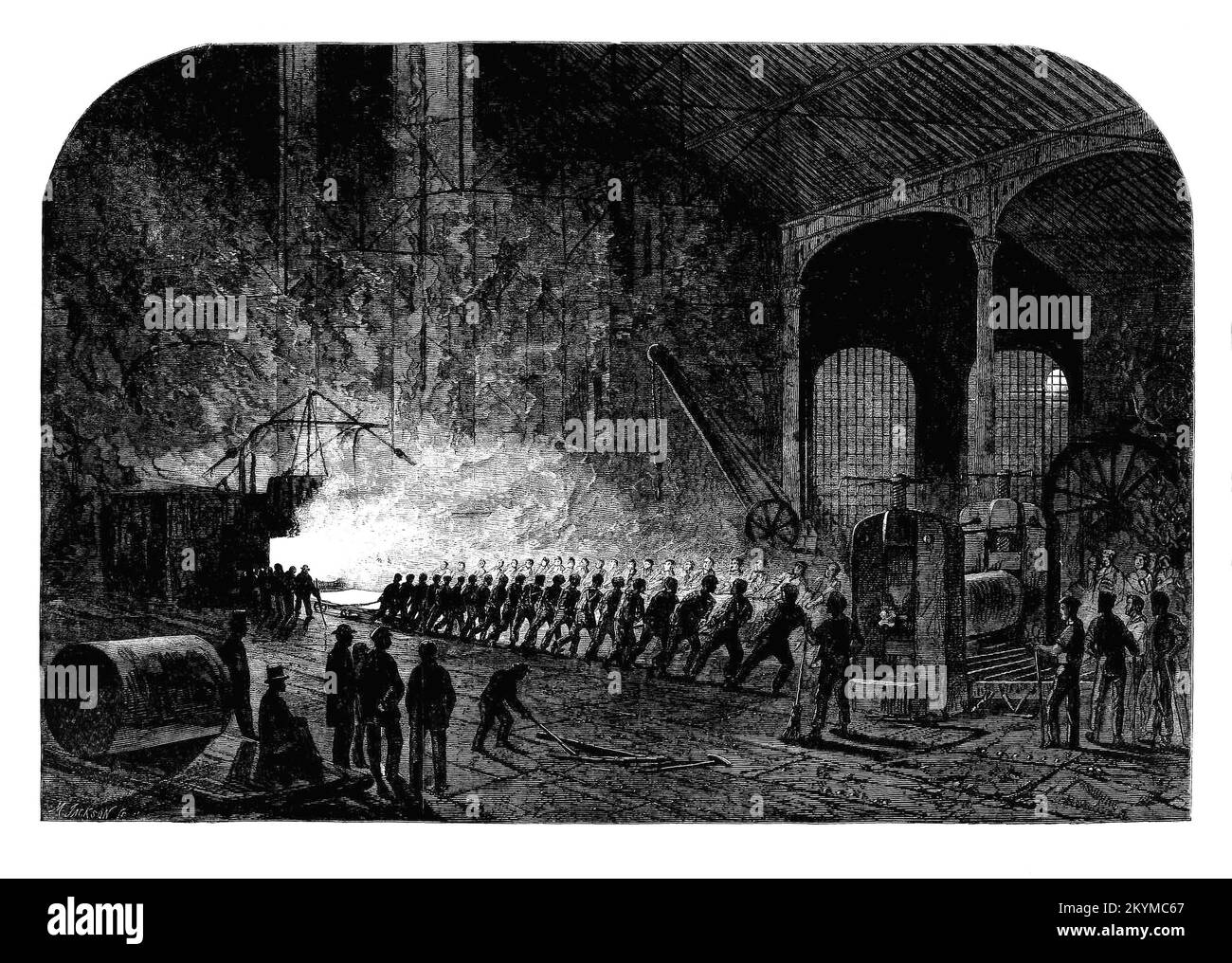 Plaque d'armure roulante pour les navires de la Marine royale à l'Atlas Steelworks de Sheffield, Angleterre, 1861. Autrefois connus sous le nom de Queen's Works, ils ont été achetés en 1856 par John Brown et renommés pour faire partie du groupe industriel Firth-Brown, qui a été le pionnier de la fabrication d'acier en vrac bon marché en Grande-Bretagne, et a fabriqué des rails en acier et des plaques d'armure. Banque D'Images