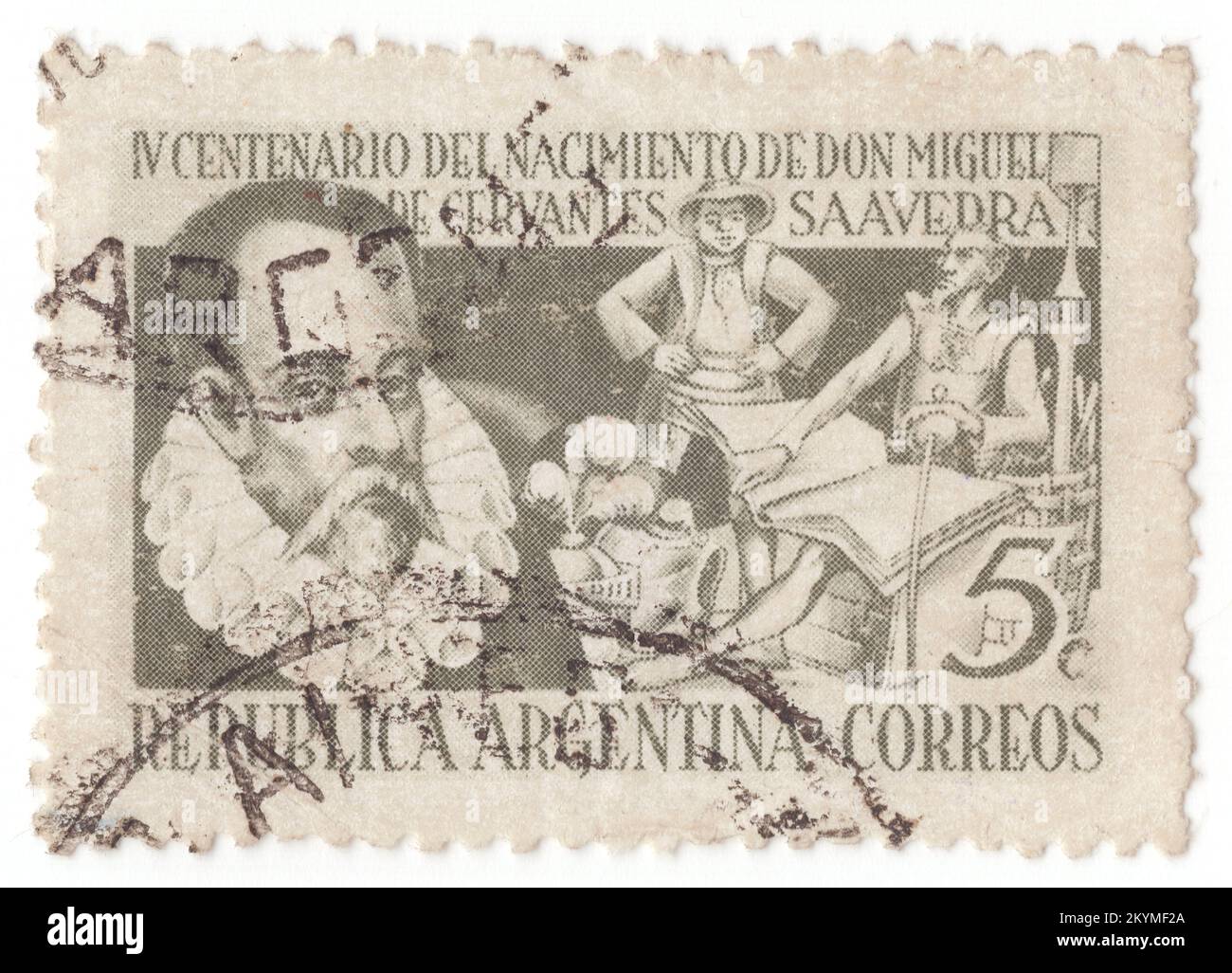 ARGENTINE - 1947: Timbre-poste vert olive 5 centavos représentant le portrait de Cervantes et des personnages de Don Quichotte. 400th anniversaire de la naissance de Miguel de Cervantes Saavedra, dramaturge et poète. Miguel de Cervantes Saavedra était un ancien écrivain espagnol moderne largement considéré comme le plus grand écrivain espagnol et l'un des romanciers les plus éminents au monde. Il est surtout connu pour son roman Don Quichotte, une œuvre souvent citée comme le premier roman moderne et l'un des pinnacles de la littérature mondiale Banque D'Images