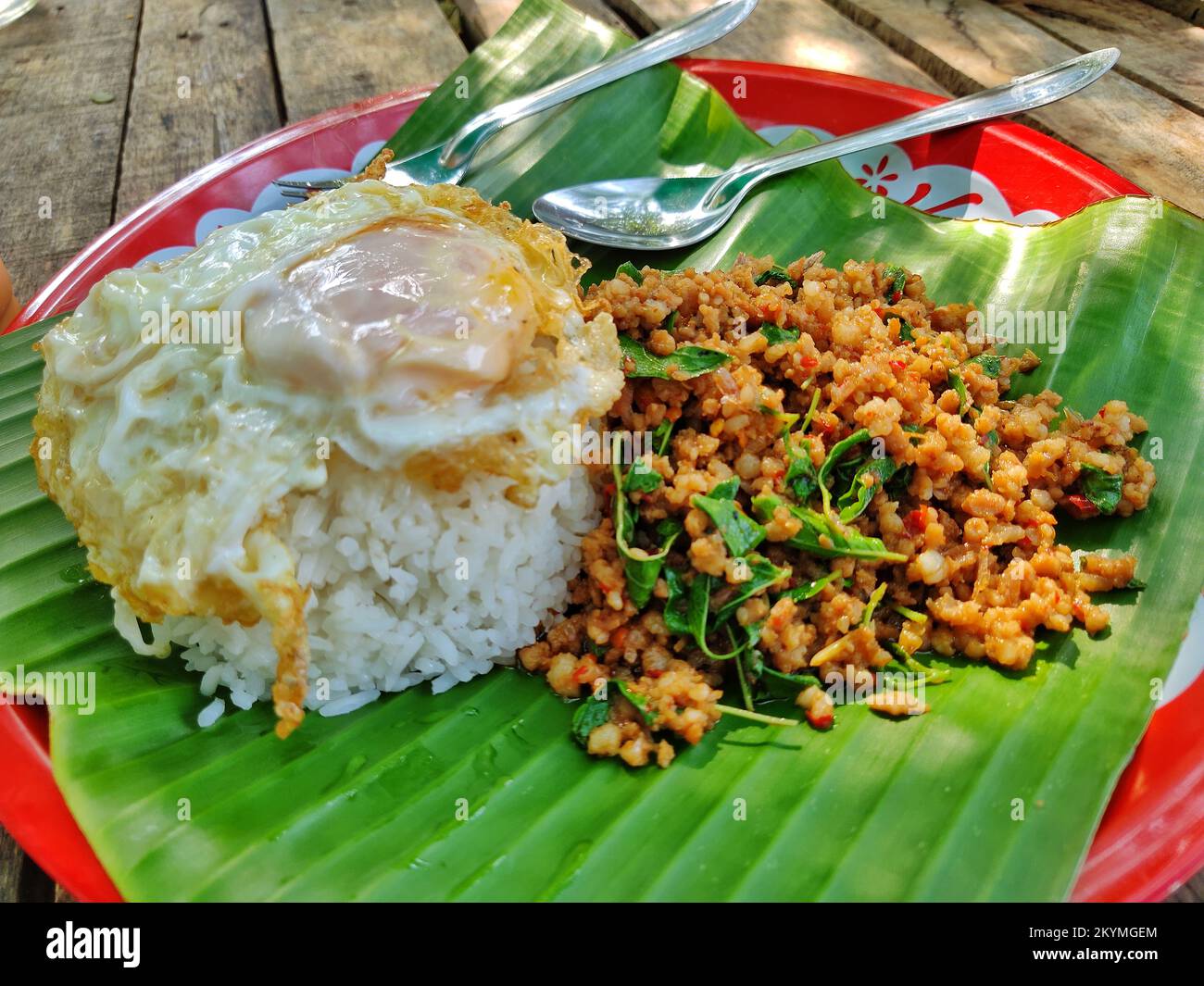 Célèbre cuisine populaire thaïlandaise, riz garni de porc sauté et de basilic Banque D'Images