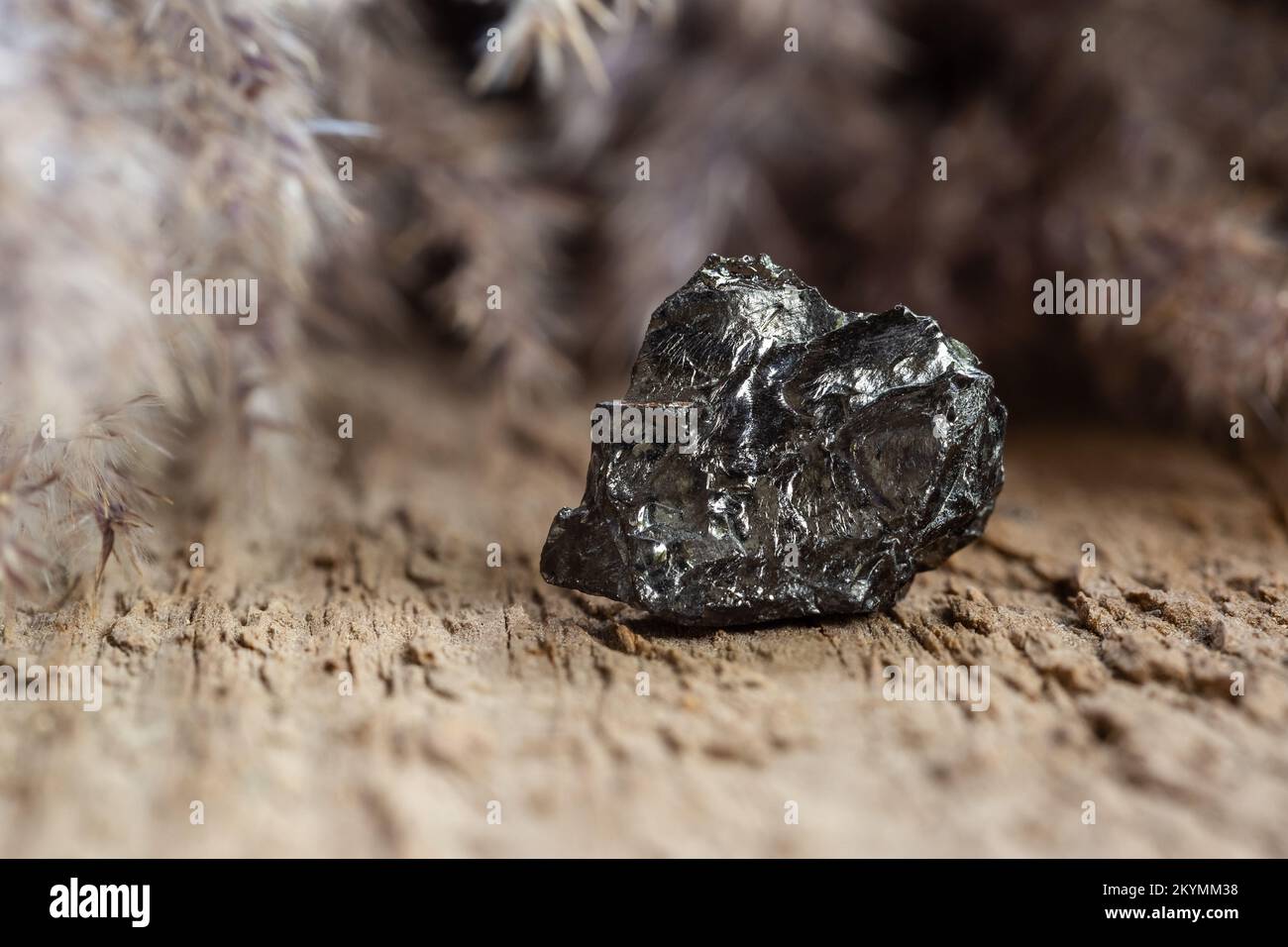 Échantillon de roche de charbon dur noir naturel sur fond en bois. Schiste d'Anthracite fragile pour la production d'énergie Banque D'Images