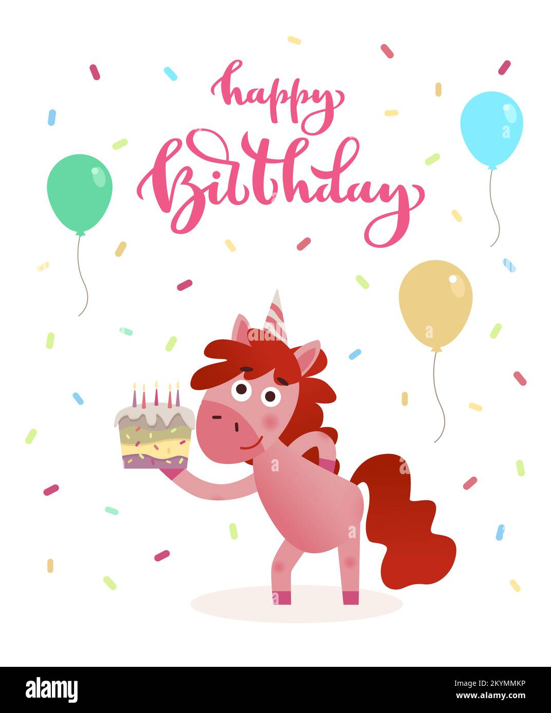 Carte de voeux pour joyeux anniversaire décorée de ballons et de confettis festifs. Gâteau de licorne mignon et drôle avec bougies en feu Illustration de Vecteur