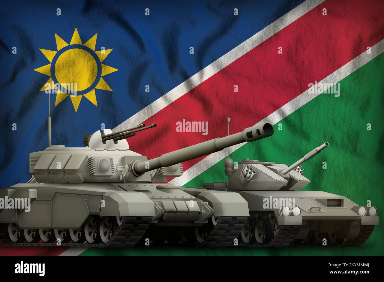 Réservoirs sur le fond du drapeau de Namibie. Namibie tank forces concept. 3D Illustration Banque D'Images