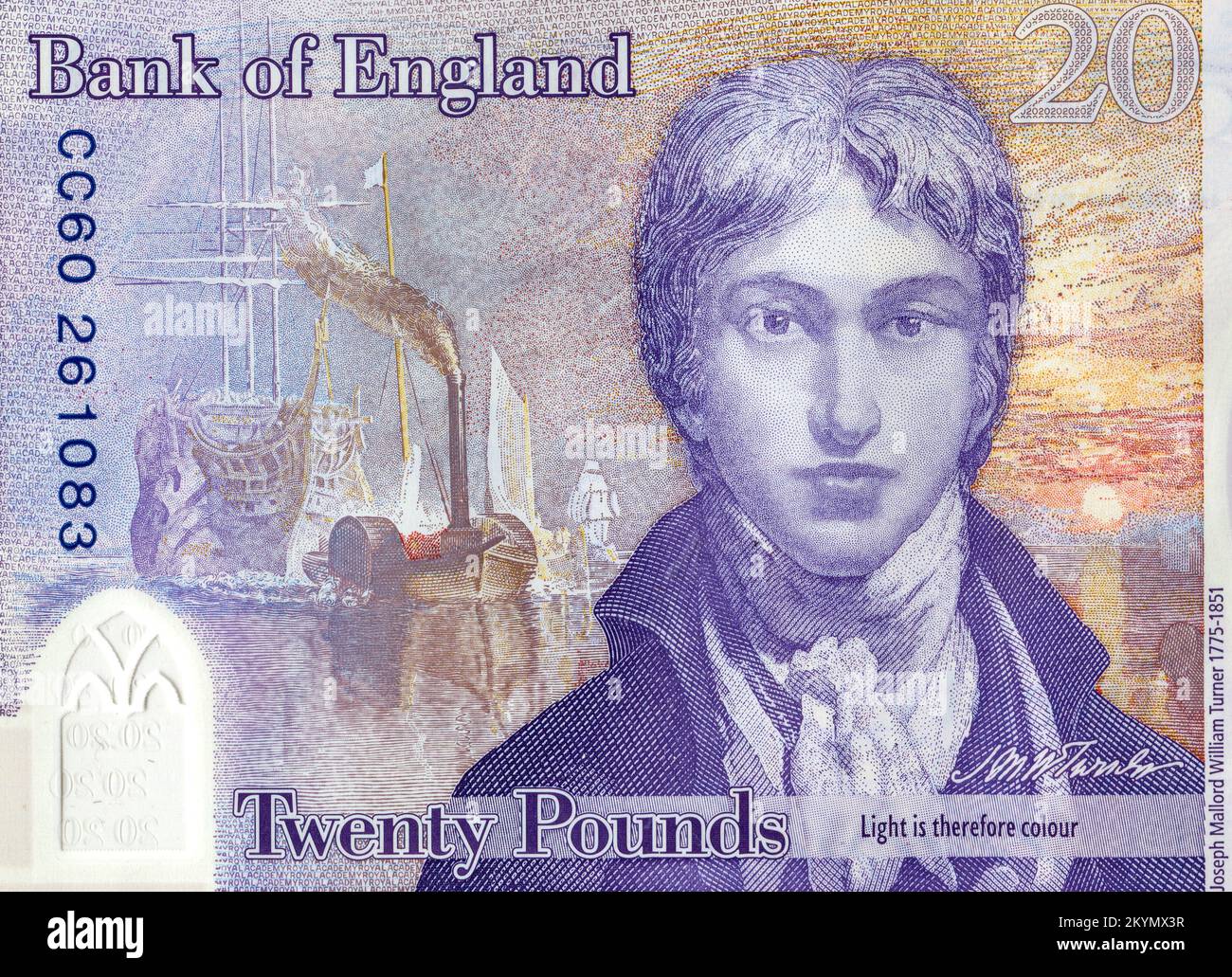 Détail du billet de banque britannique de vingt livres sterling avec le portrait de William Turner Banque D'Images