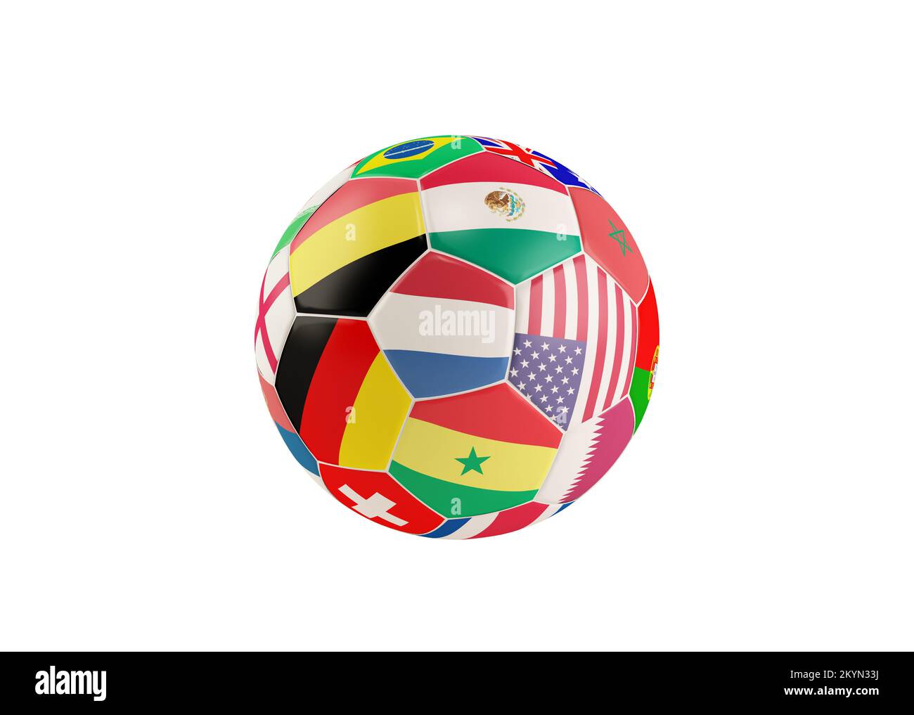 3d mise en scène du ballon de football avec les drapeaux nationaux de l'équipe du qatar 2022 Banque D'Images