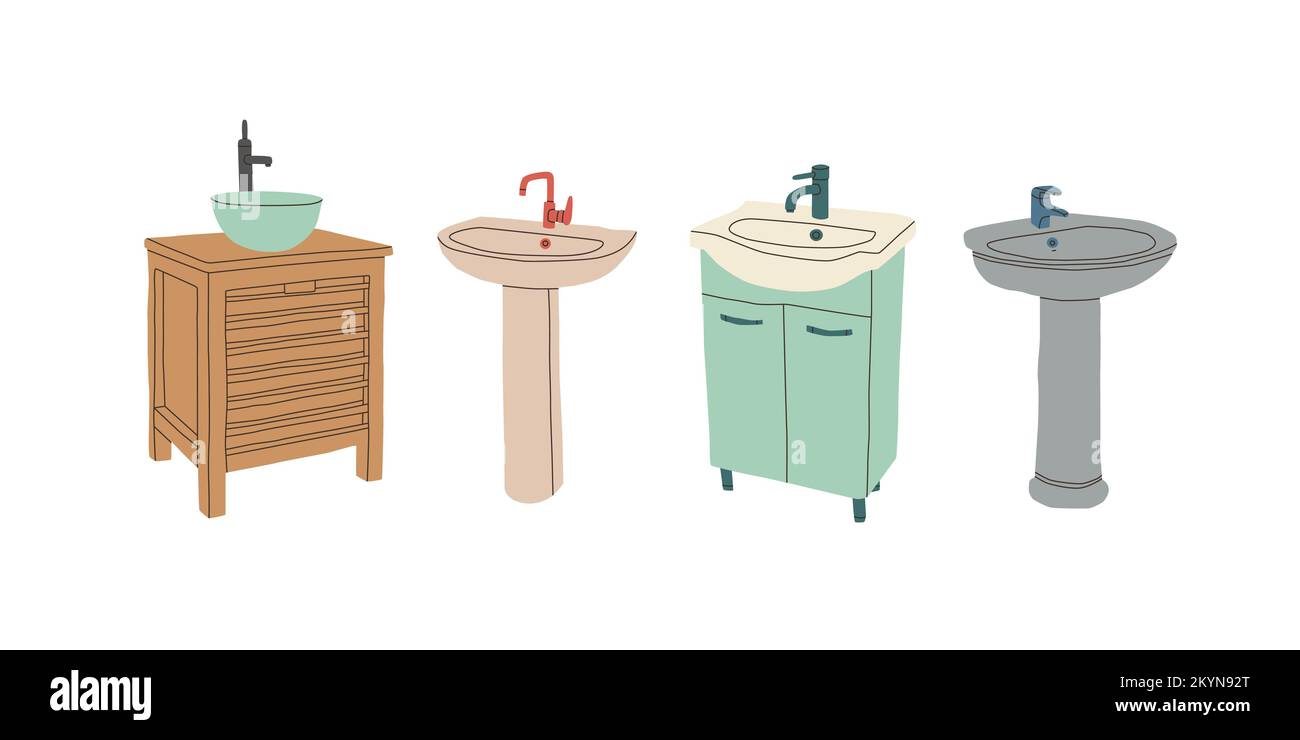 Un lavabo avec un pied et un lavabo avec un meuble. Lavabo de toilettes. Ensemble d'illustrations vectorielles isolées sur fond blanc. Illustration de Vecteur