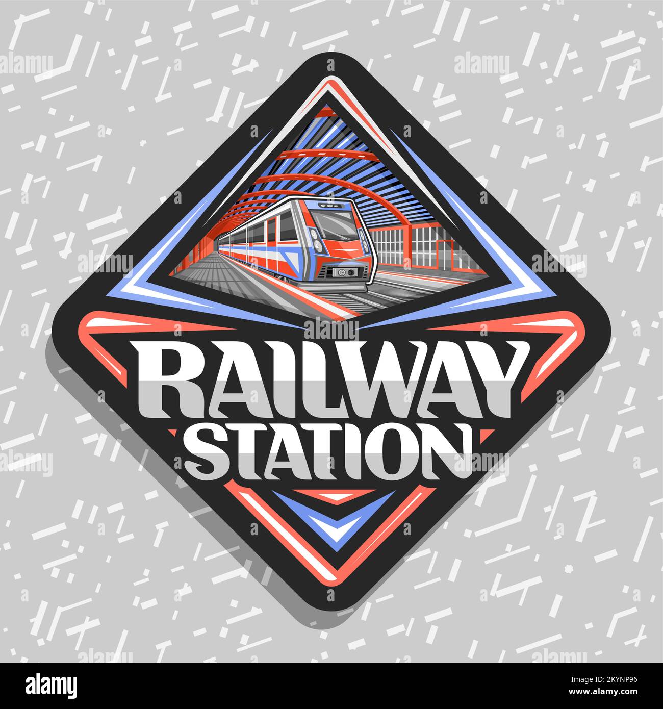 Logo Vector pour la gare ferroviaire, panneau décoratif de losange avec illustration de rouge un train bleu qui se précipite par chemin de fer, marque industrielle avec le marché à grande vitesse Illustration de Vecteur