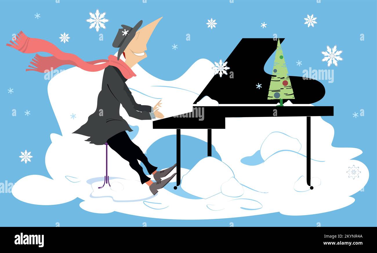 Hiver. Neige. Homme jouant du piano. Concert d'hiver. Flocons de neige. Pianiste souriant jouant de la musique avec inspiration Illustration de Vecteur