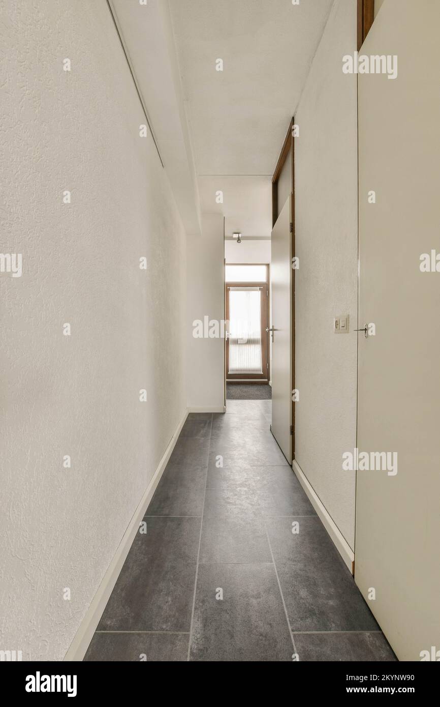 Intérieur de plat confortable dans un style minimaliste avec couloir vide étroit éclairé par des lampes Banque D'Images