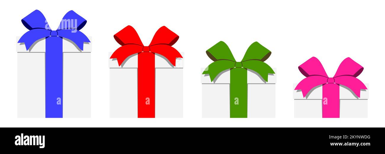 Ensemble de boîtes-cadeaux vectorielles de différentes tailles avec rubans colorés. Boîtes de présentation vectorielles de style plat. Illustration de Vecteur