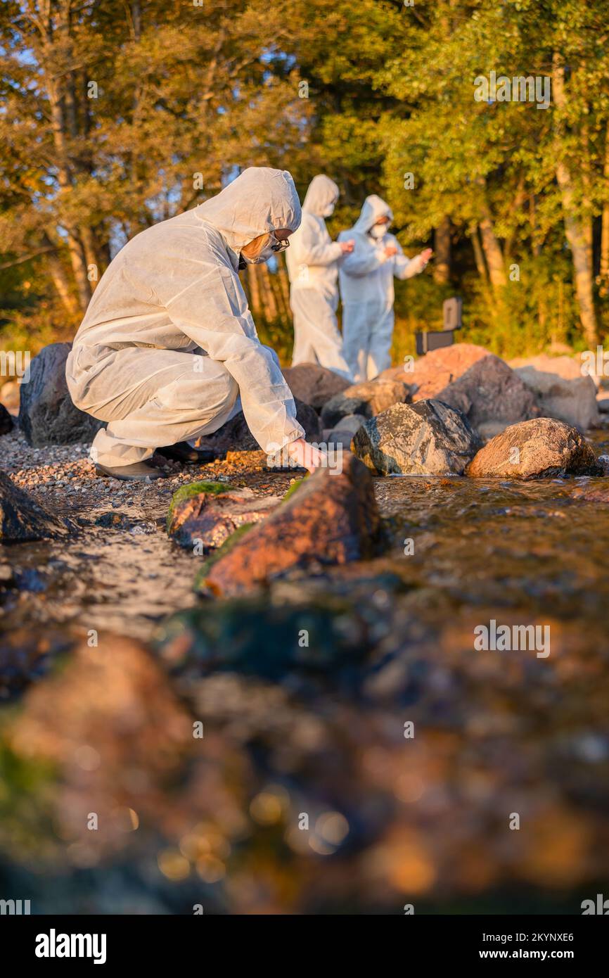 Équipe de chercheurs analysant des échantillons d'eau au bord de la mer Banque D'Images