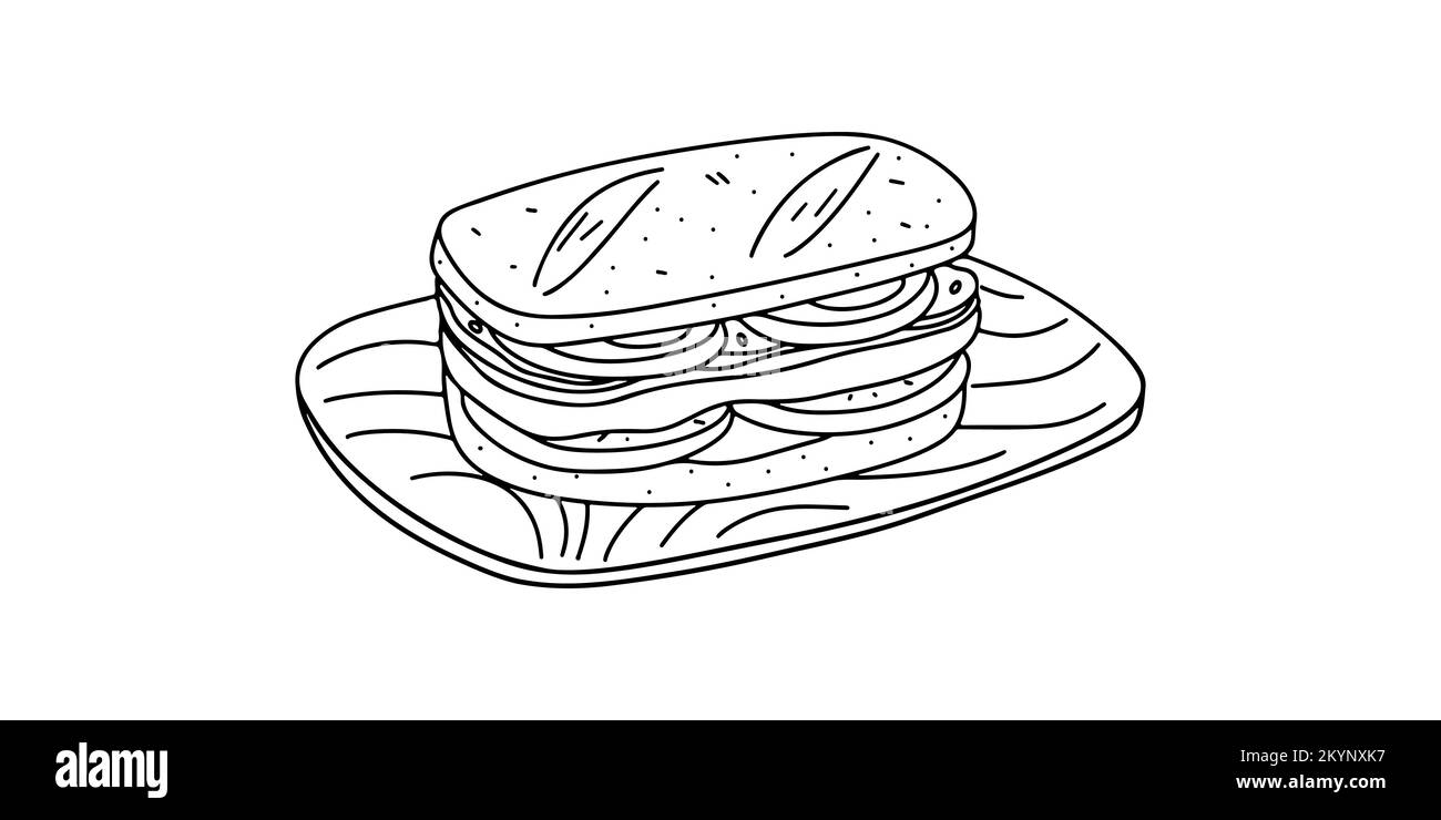 Chivito en forme de doodle dessiné à la main. Plat uruguayen traditionnel avec laitue, tomate, bacon, bœuf, œufs frits ou bouillis et fromage Illustration de Vecteur