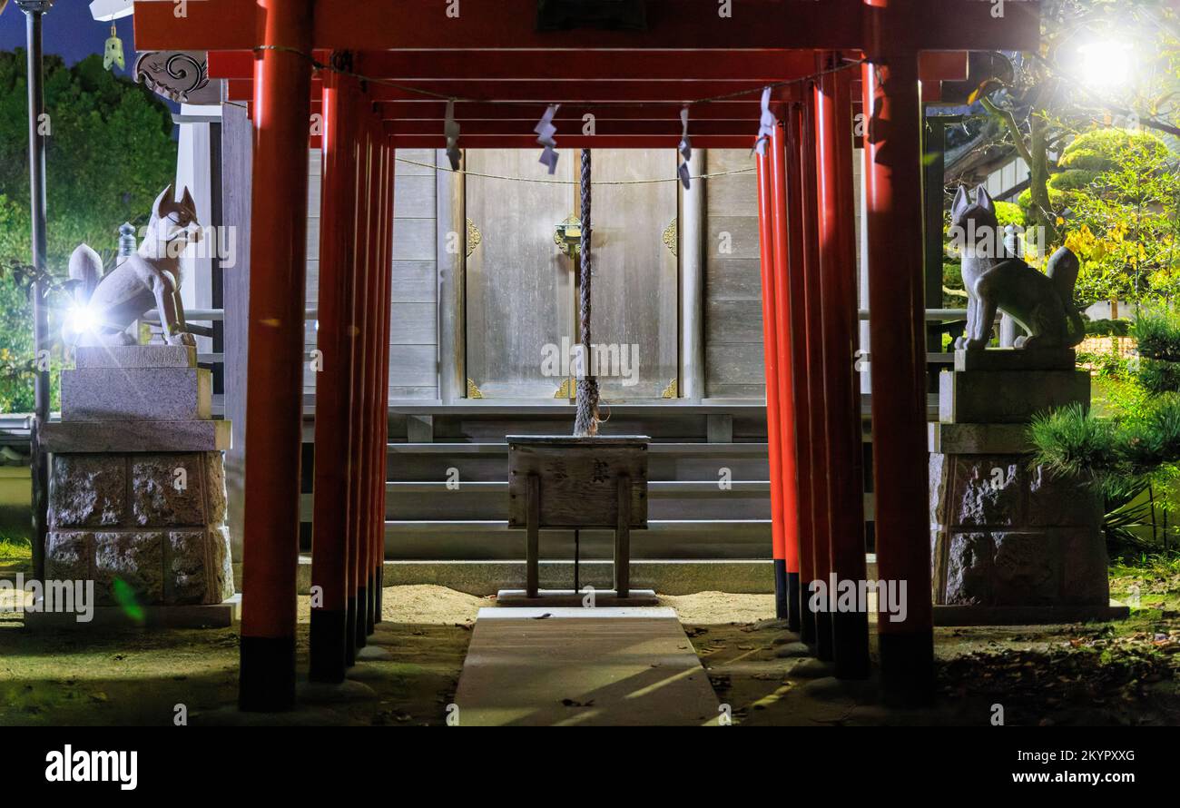 Statues de renard en pierre par les portes rouges du petit sanctuaire la nuit Banque D'Images
