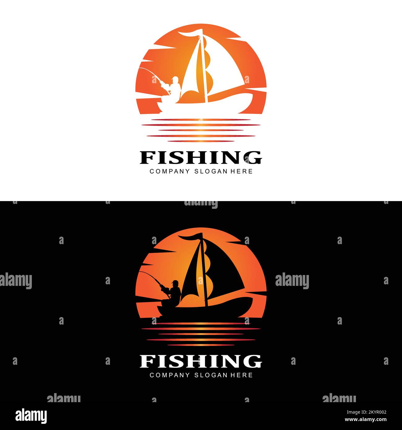 logo de pêche, vecteur d'icône, poisson pêché sur le bateau, design extérieur de silhouette de coucher de soleil Illustration de Vecteur