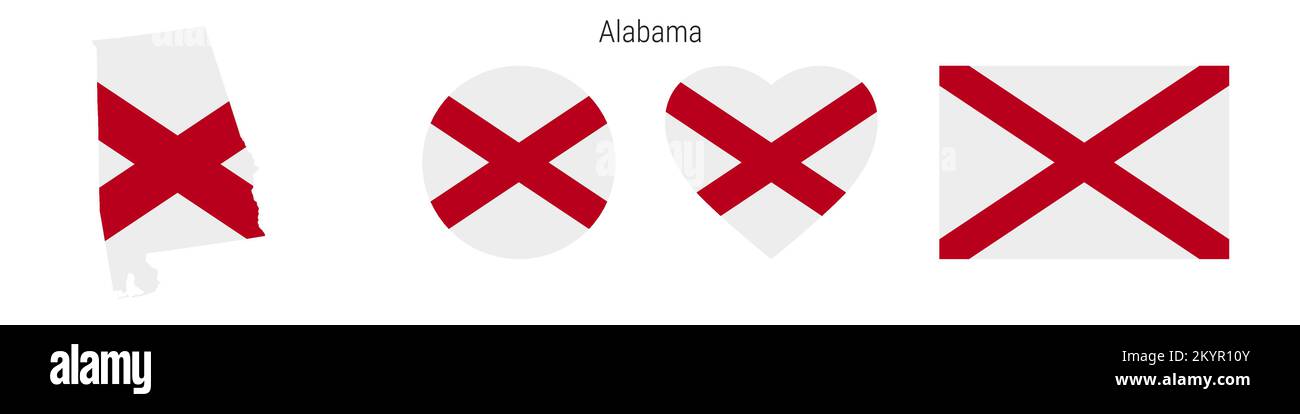 Ensemble d'icônes de drapeau Alabama. Pennant de l'État américain dans les couleurs et les proportions officielles. Rectangulaire, en forme de carte, en forme de cercle et de coeur. Vecteur plat illust Illustration de Vecteur