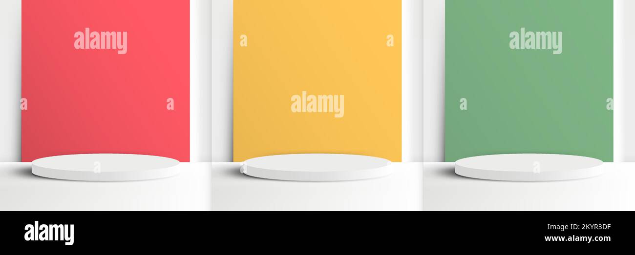 Ensemble de 3D piédestal cylindrique blanc réaliste avec fond carré jaune, rouge et vert sur fond minimal de scène murale. Présentation du produit Illustration de Vecteur