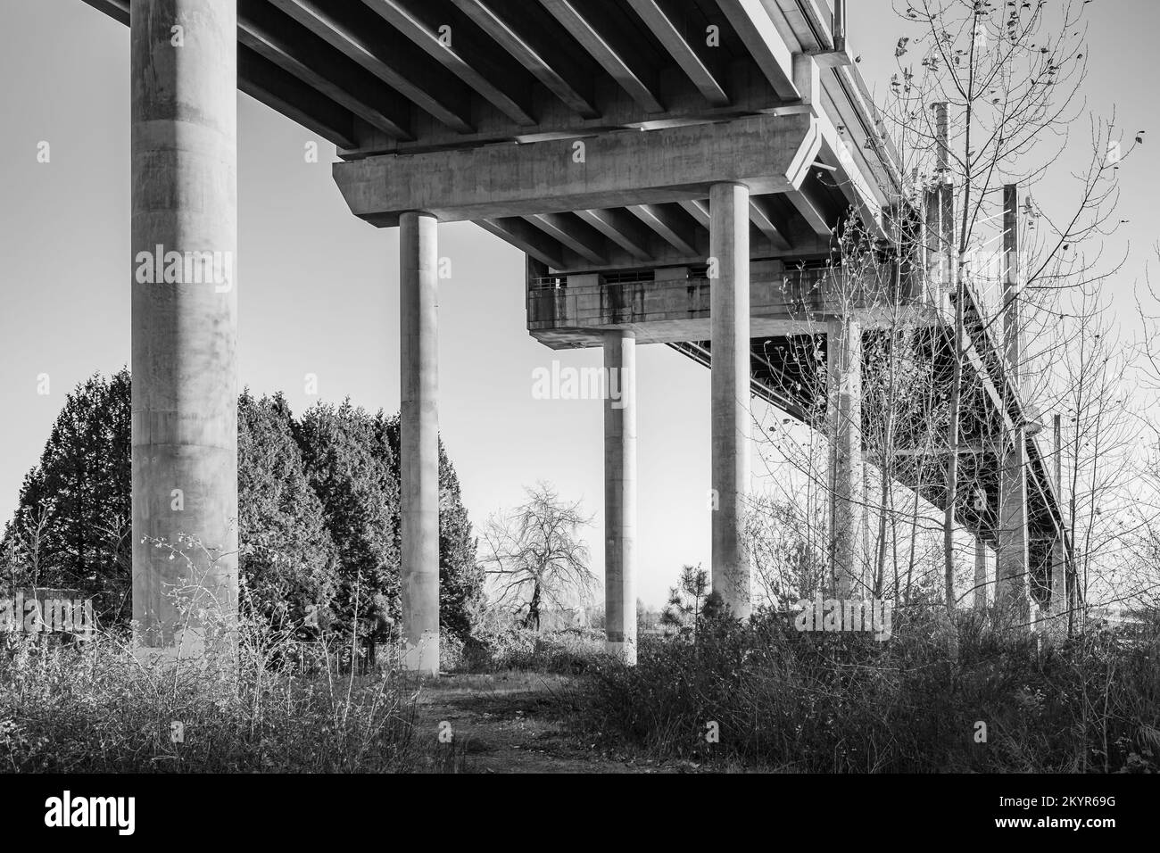Sous le pont. Piliers de pont en béton. Perspective de construction de sous le pont. Personne, architecture abstraite, photo en noir et blanc Banque D'Images