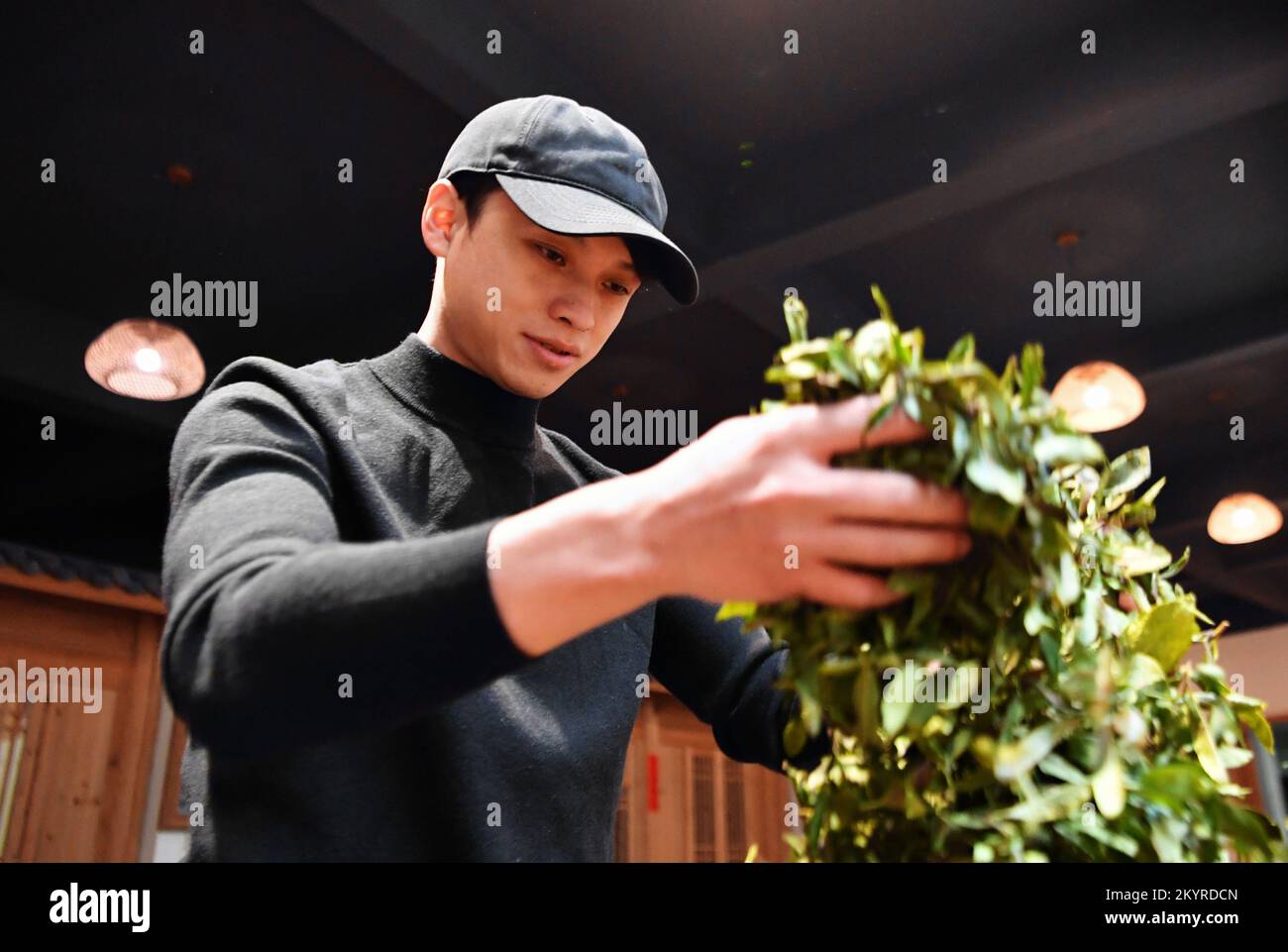 WUYISHAN, 2 décembre 2022 (Xinhua) -- Shi'an, un héritier de la technique de fabrication du thé au beurre, démontre la technique manuelle de fixation du thé de Wuyi à Wuyishan, dans la province du Fujian, au sud-est de la Chine, le 1 décembre 2022. Wuyishan, la ville natale du thé rock, propose un large éventail de variétés de thé rock. La technique de fabrication du thé de roche Wuyi, une variété spéciale d'oolong avec un goût particulièrement torréfié et un arôme floral et fruité, comprend plus de 10 procédures de transformation, y compris la récolte du thé, le flétrissement, la fixation, la torsion, le séchage et ainsi de suite. Hérité et développé avec un l Banque D'Images