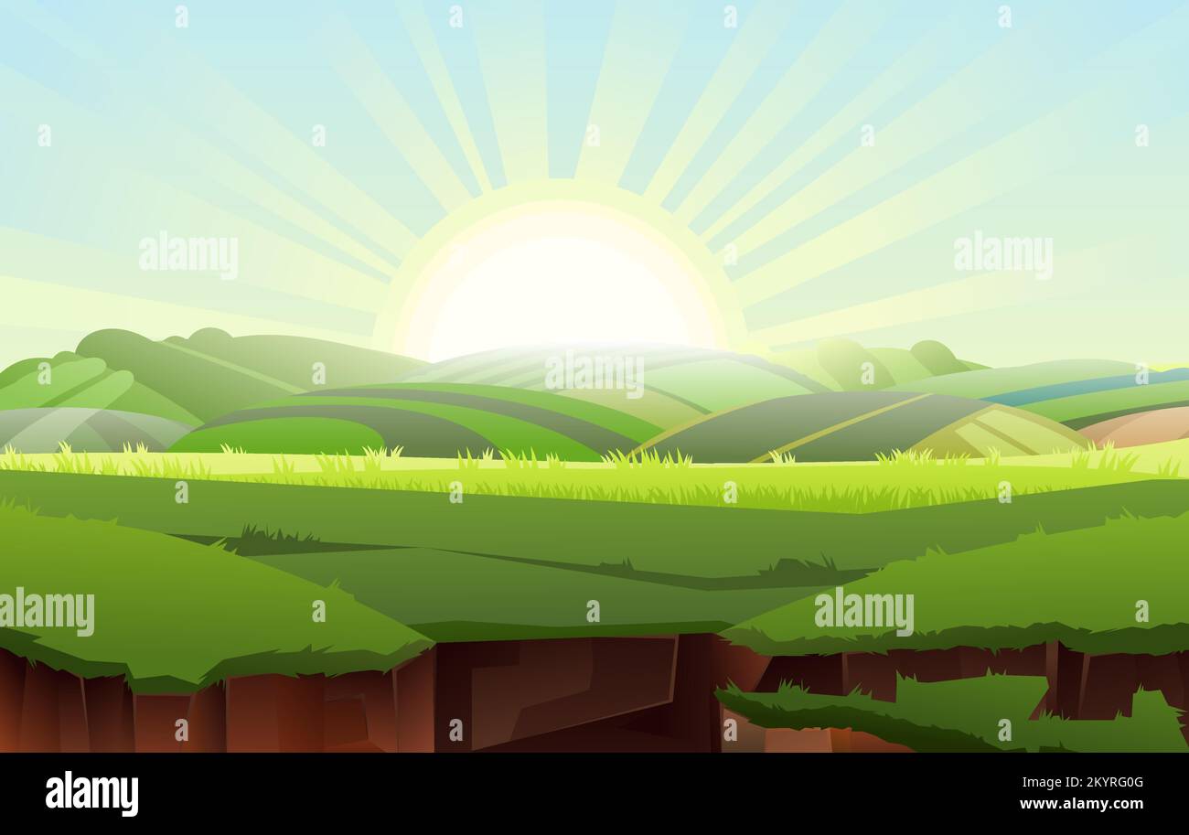 Éclatent dans les abysses. Jardins ruraux collines. Rayons du soleil à l'aube. Fissure dans le sol. Le sol éclata dans la prairie. Illustration de style dessin animé. Vecteur Illustration de Vecteur