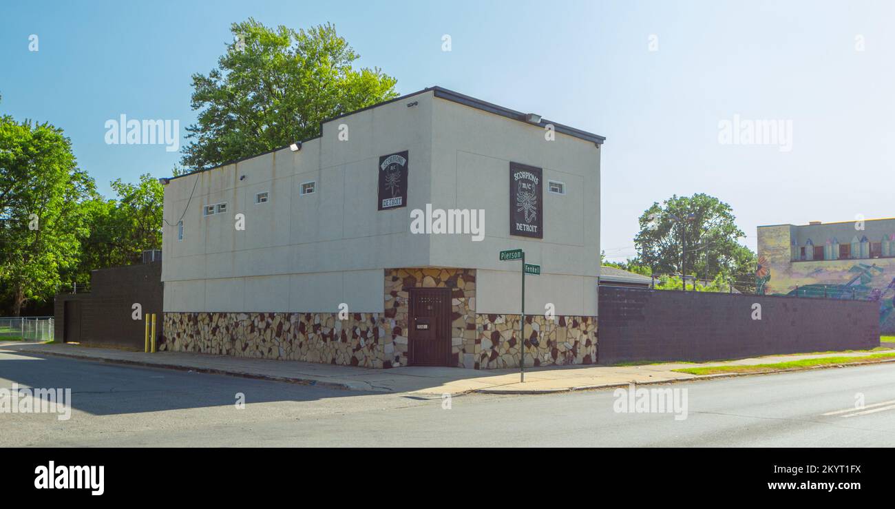 Le siège du club de moto Detroit Scorpions est situé au 20801 Fenkell Avenue, à l'angle de Pierson Street, Brightmoor 48223, Detroit, Michigan, États-Unis. Banque D'Images