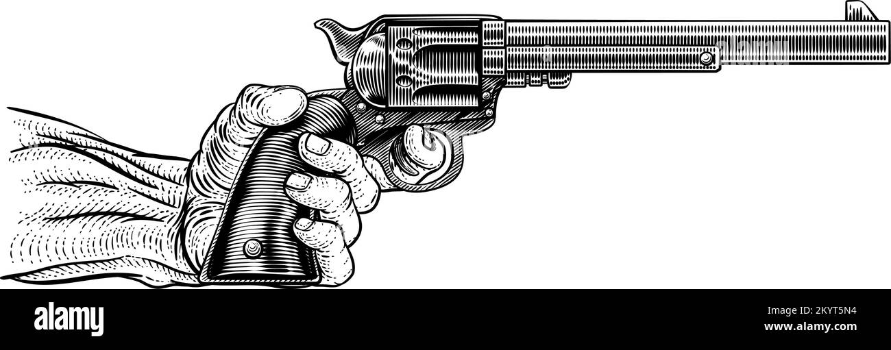 Pistolet main et WESTERN Cowboy Gun Pistol Vintage Woodcut Illustration de Vecteur