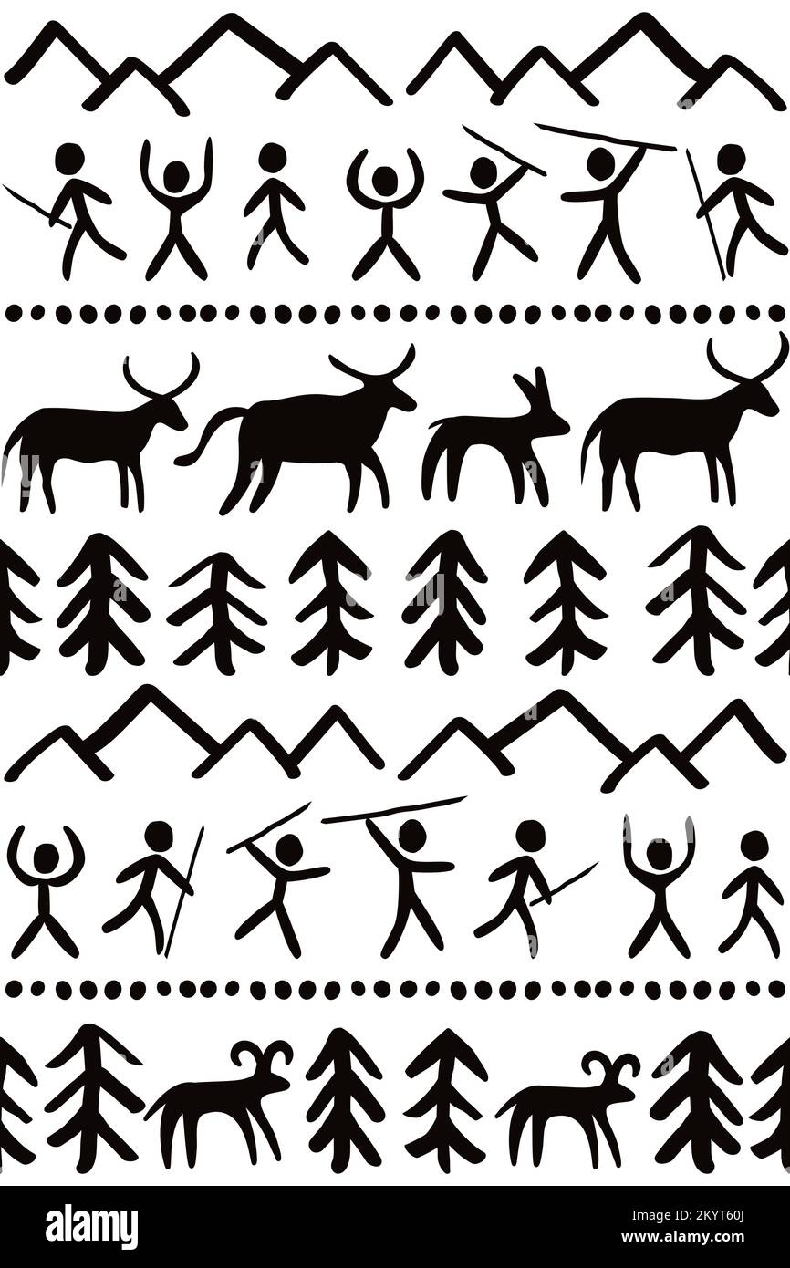 Peintures rupestres préhostoriques art vectoriel sans couture avec des gens, des animaux, des montagnes et des arbres, conception primitive inspirée par des dessins en pierre Illustration de Vecteur
