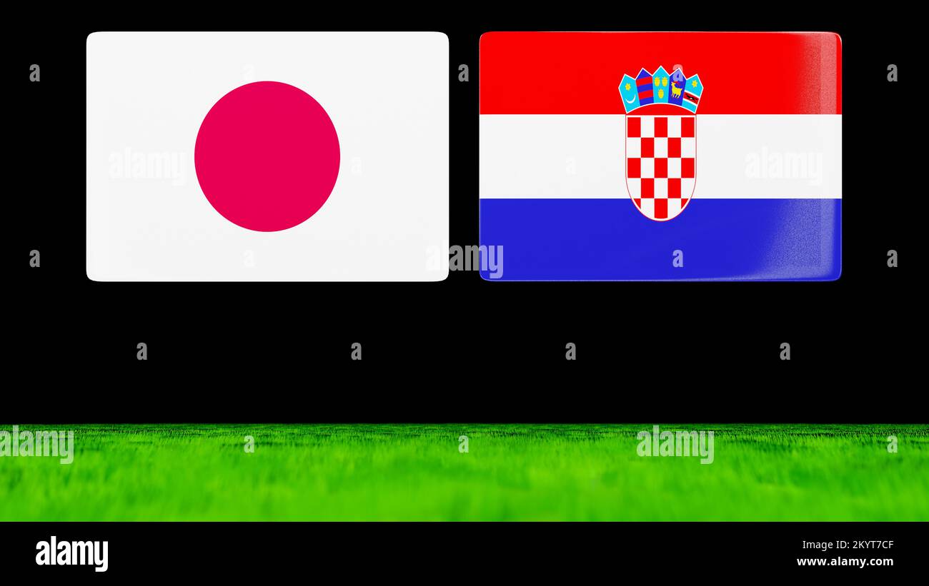 Drapeaux nationaux du Japon et de la Croatie comme des cartes brillantes flottant sur un champ vert. Banque D'Images