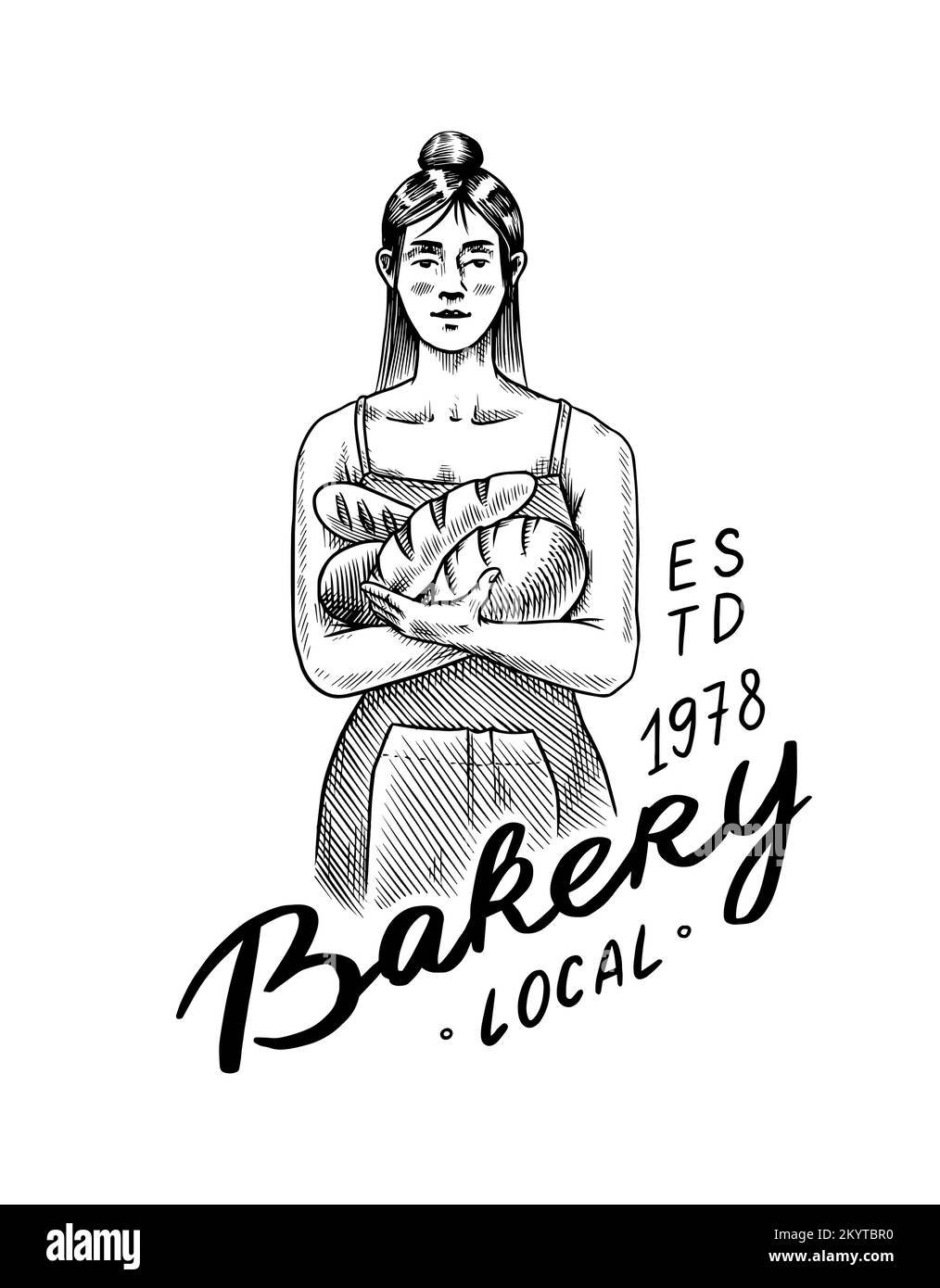 Chef ou chef culinaire. Four à briques chaudes. Gravé à la main, dessiné dans un ancien croquis et de style vintage pour l'étiquette, le logo et le menu, magasin. Illustration de Vecteur