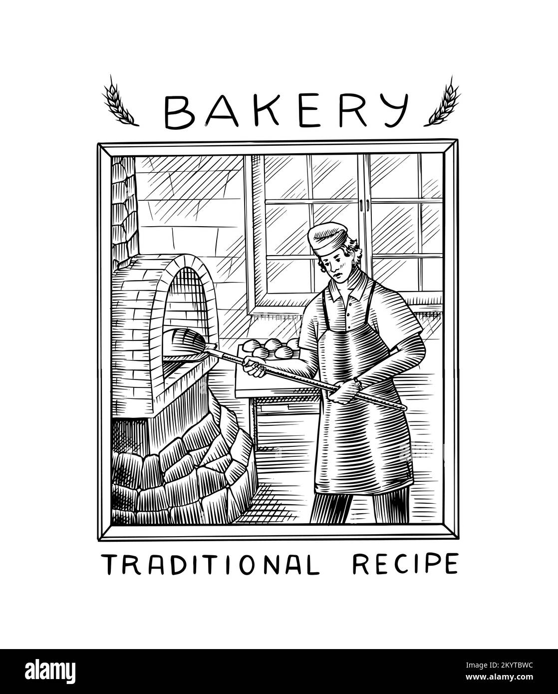 Homme boulanger dans le pain de cuisson uniforme dans le four. Gravé à la main, dessiné dans un ancien croquis et de style vintage pour l'étiquette, le logo et le menu, boulangerie. Illustration de Vecteur