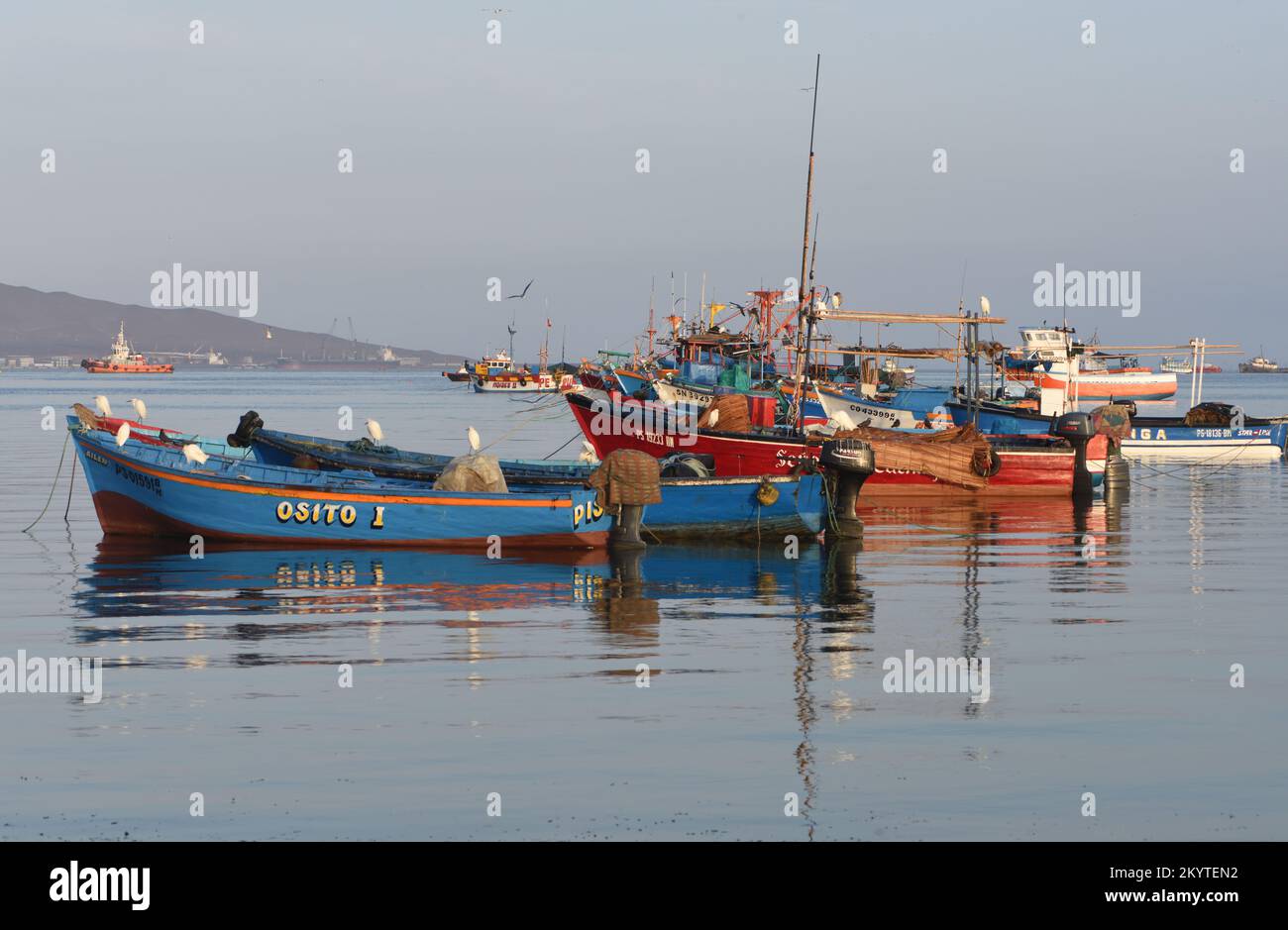 Bateaux de pêche ancrés dans la baie de Paracas. La côte du désert est en arrière-plan. Paracas, ICA, Pérou. Banque D'Images