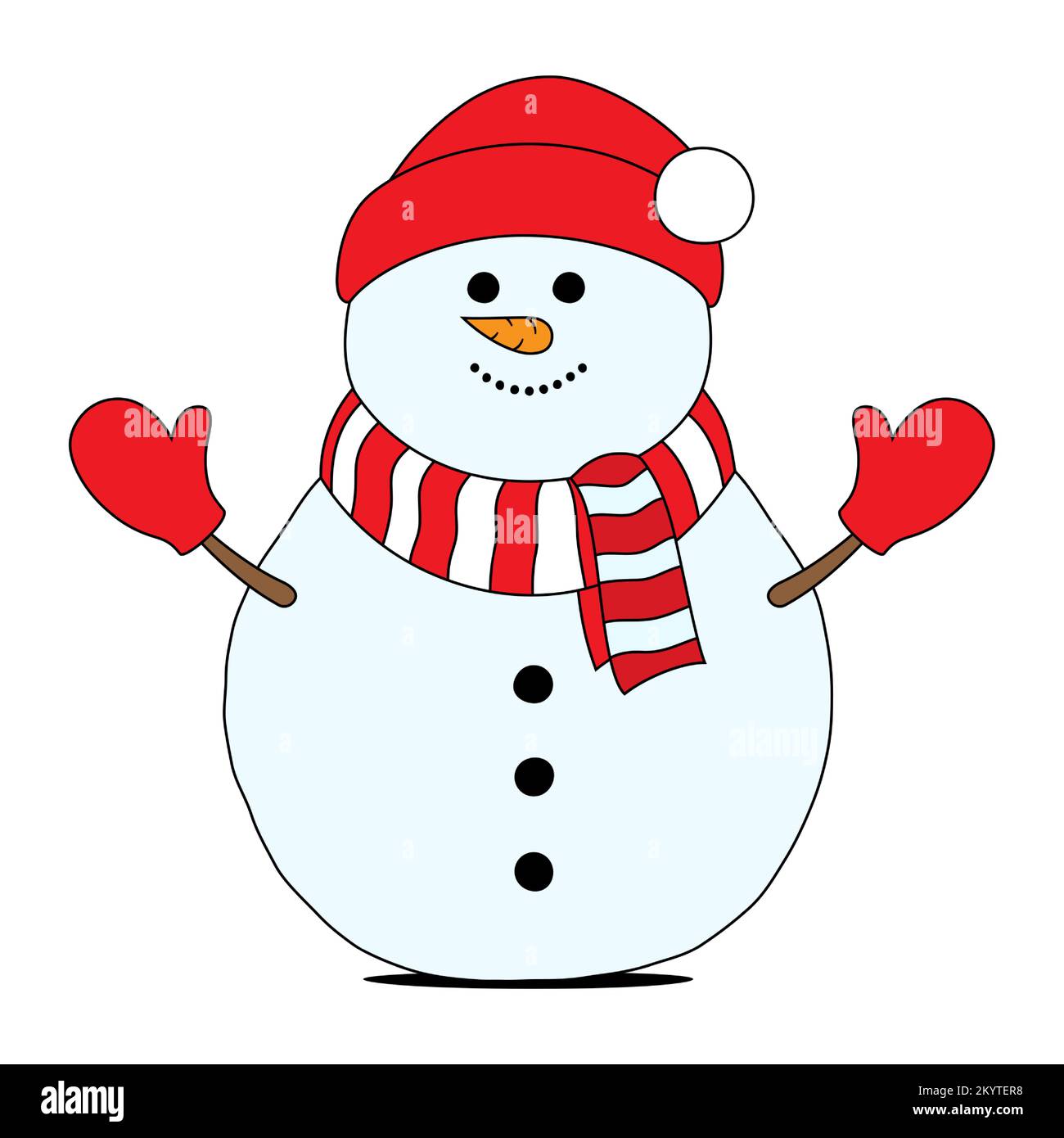 Joyeux bonhomme de neige avec gants, écharpe et chapeau pompon, illustration vectorielle de style plat isolée sur fond blanc. Noël, bonne année ou hiver décoration design. Illustration de Vecteur