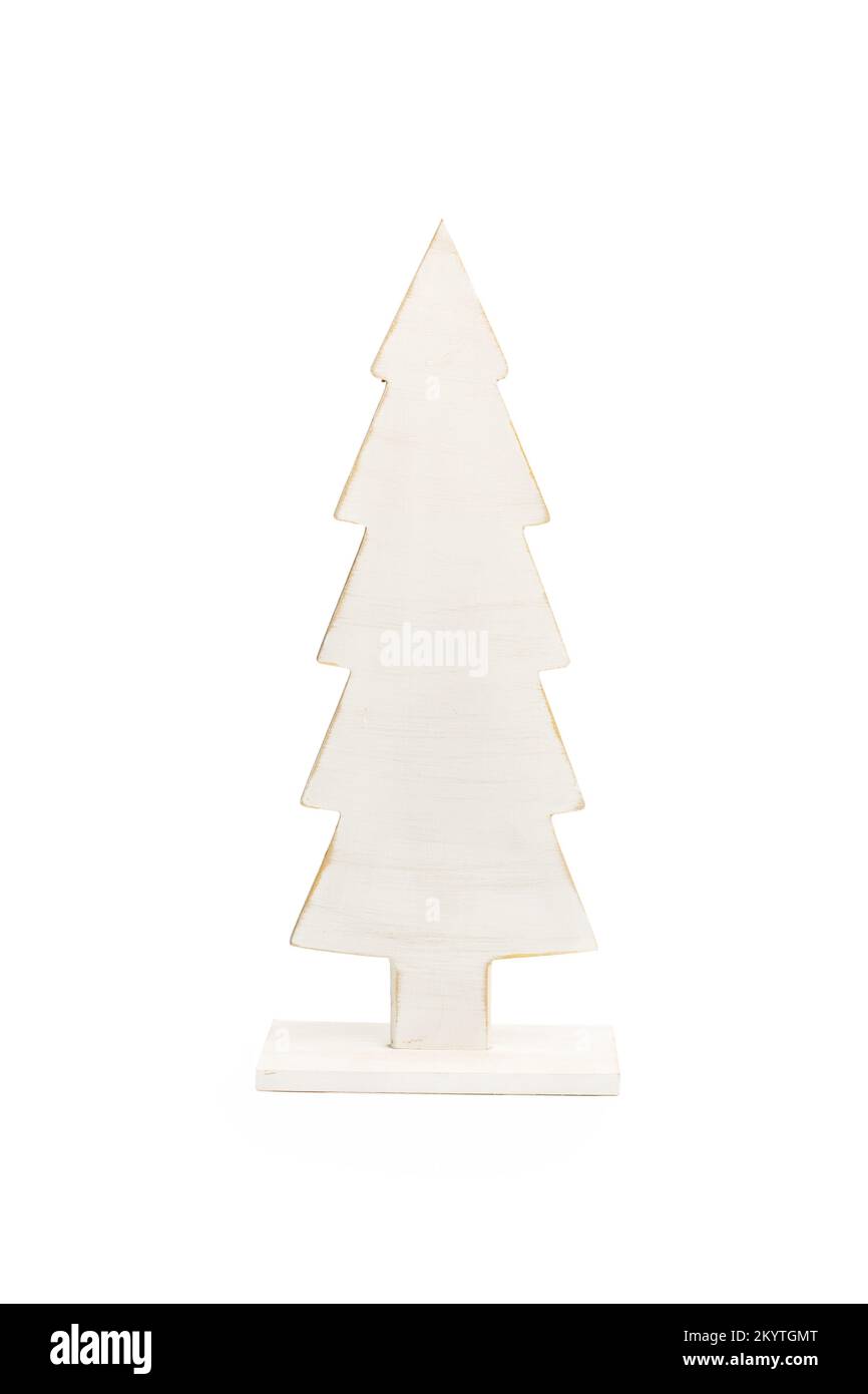 Un sapin de noël blanc en bois sur fond blanc avec espace de copie Banque D'Images