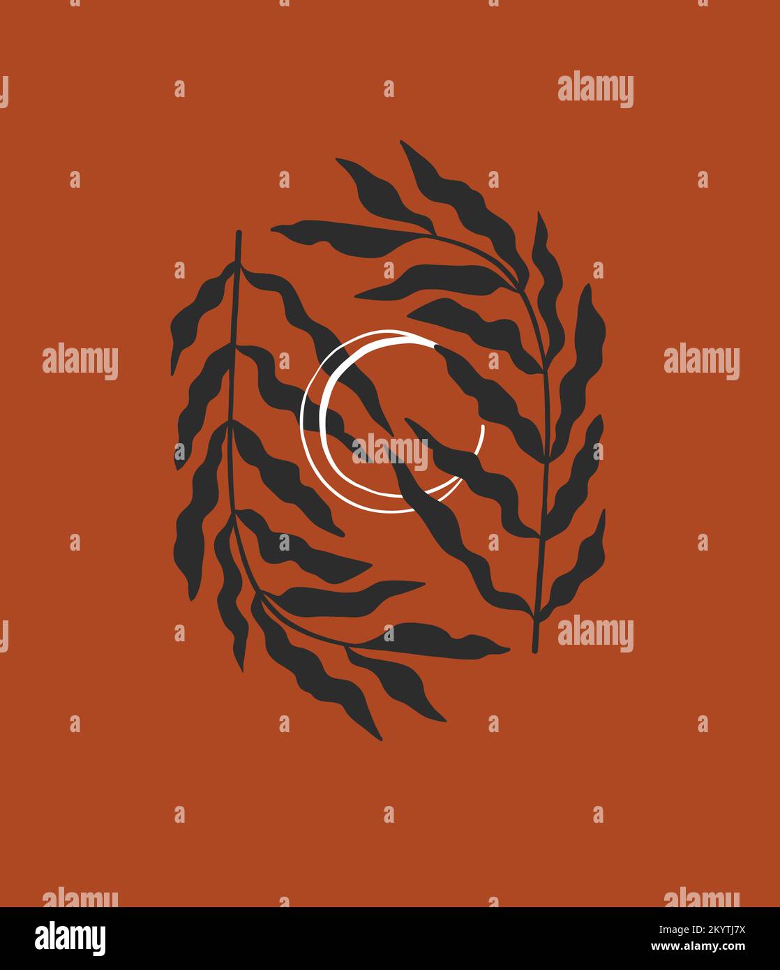 Dessin vectoriel abstrait graphique dessin illustrations imprimer design, concept Art contemporain ensemble avec feuilles florales décoratives et croissant Illustration de Vecteur