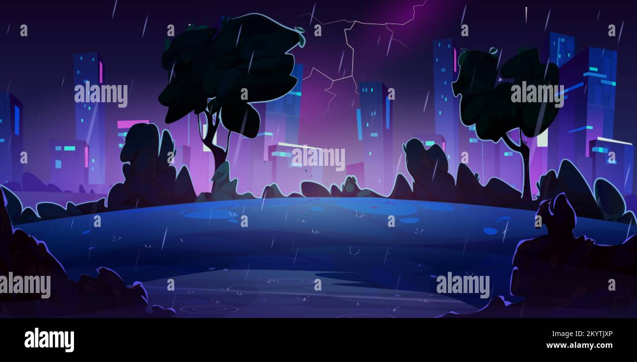 Orage de nuit avec pluie et foudre en ville avec parc et gratte-ciel. Paysage d'été avec silhouettes d'arbres sombres et maisons sur la ligne d'horizon dans St Illustration de Vecteur