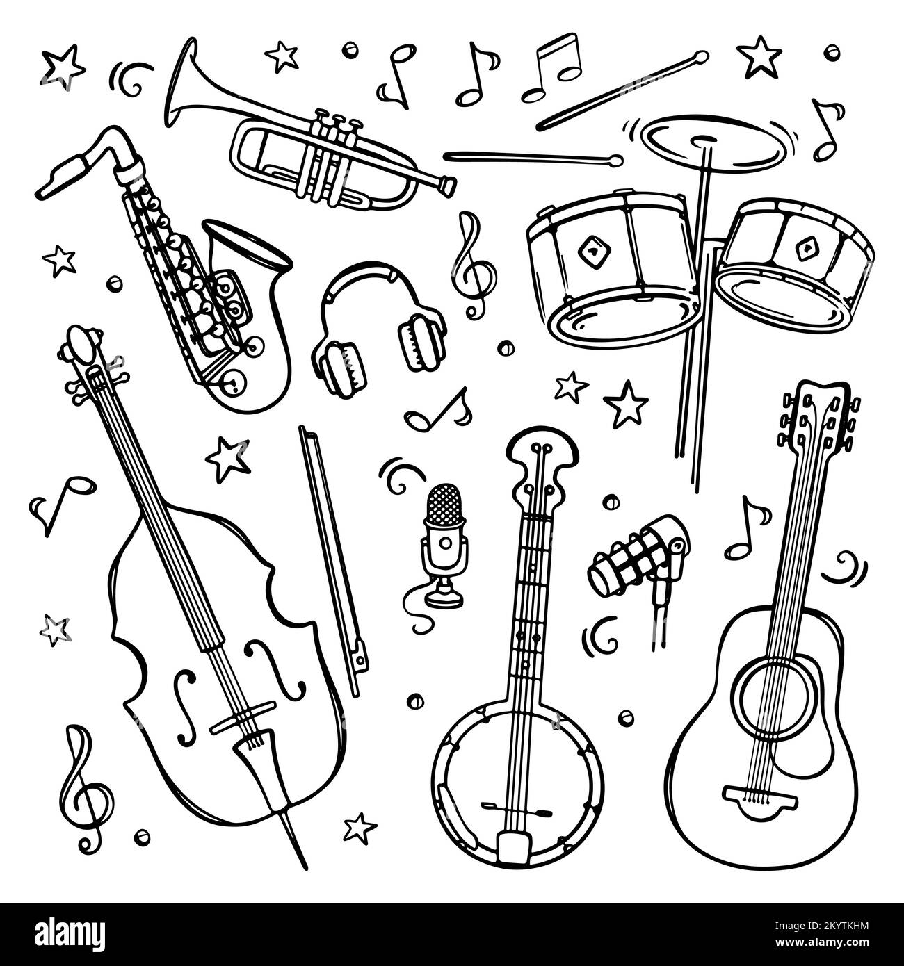 INSTRUMENTS DE MUSIQUE large Design Collection for concerts and Recording Studios Notes microphones Treble Clef et écouteurs Monochrome dessiné à la main Vect Illustration de Vecteur