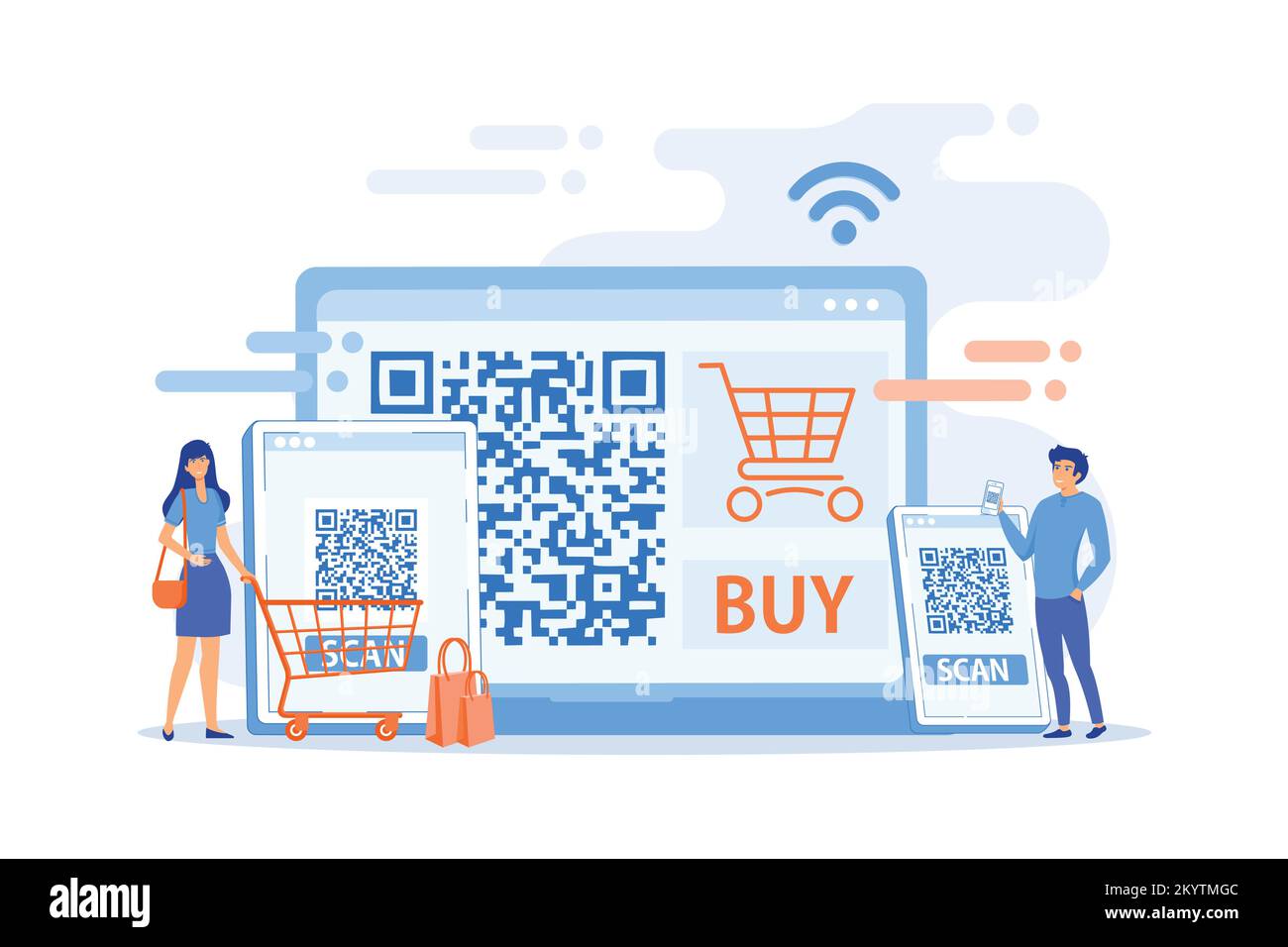 Application de lecture de code-barres, application de transaction d'épyment de lecteur qrcode. Lecteur de code QR, générateur de code QR en ligne, concept de paiement de code QR. vecteur plat moderne Illustration de Vecteur