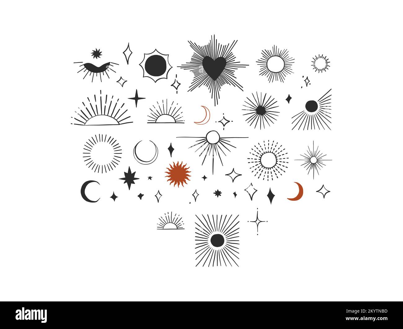 Dessin à la main vecteur graphique signe clipart illustrations collection ensemble de l'art de ligne Sunburst, lune et étoiles.simple Design concept.Bohemian Illustration de Vecteur