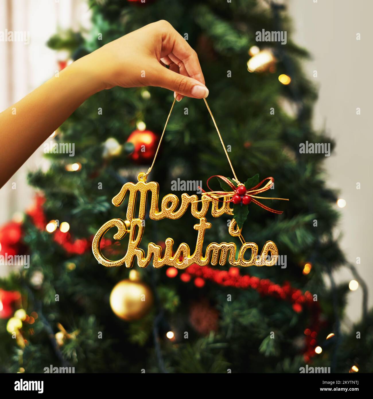Femme main et décoration festive, panneau de Noël avec arbre dans le fond dans la maison salon. Des femmes avec icône, des vacances festives Banque D'Images